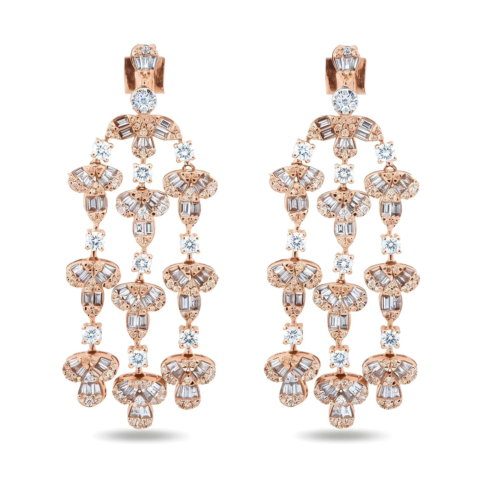 14K White Gold Triple Tier Baguette & Round Diamond Drop Earrings 3.88ctw - Image 6