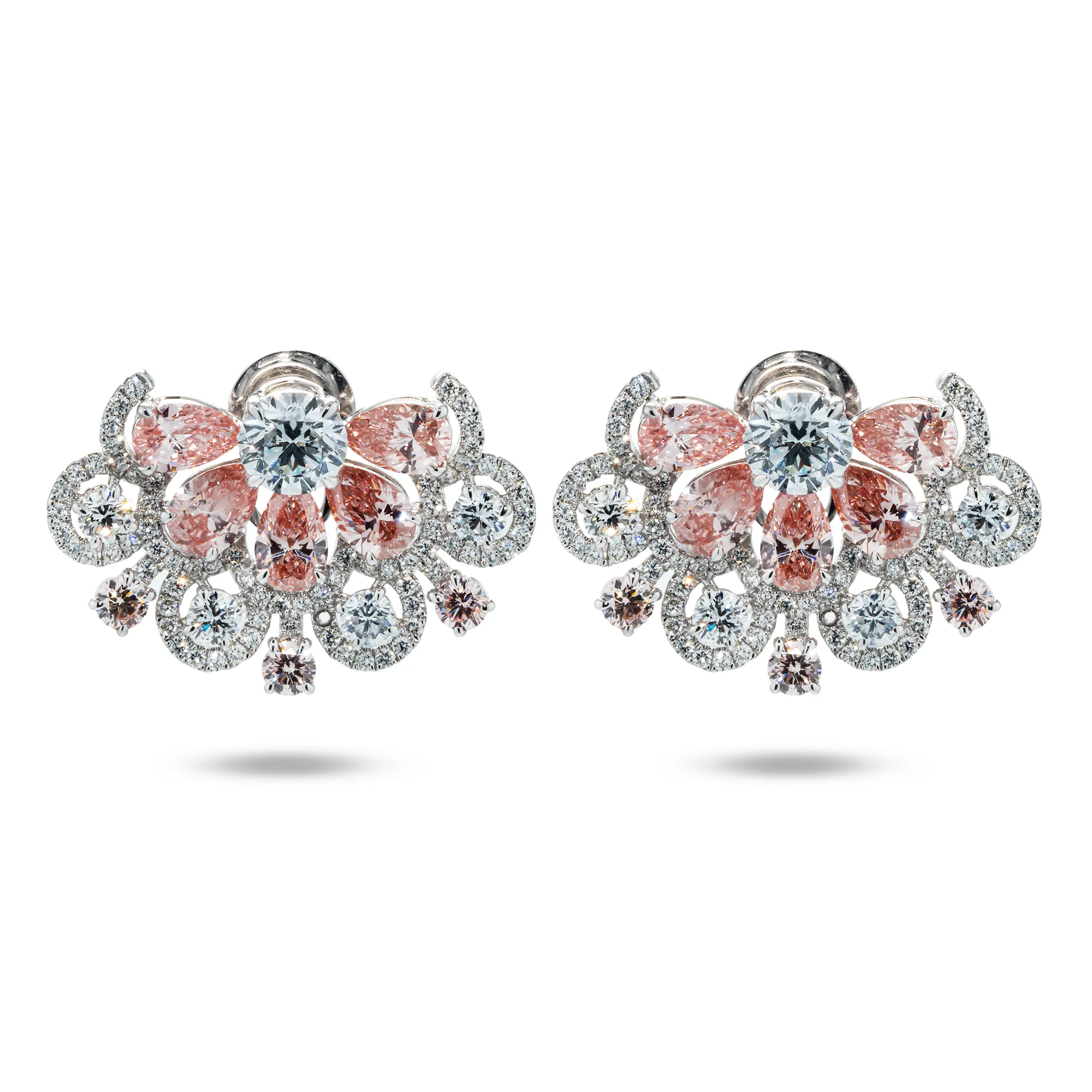 14K White Gold White & Fancy Pink Diamond Blooming Flower Earrings 11.05ctw