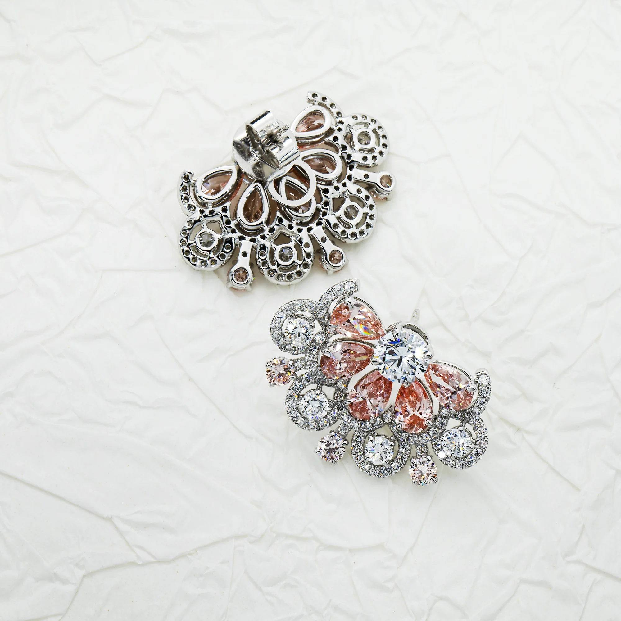 14K White Gold White & Fancy Pink Diamond Blooming Flower Earrings 11.05ctw - Image 3
