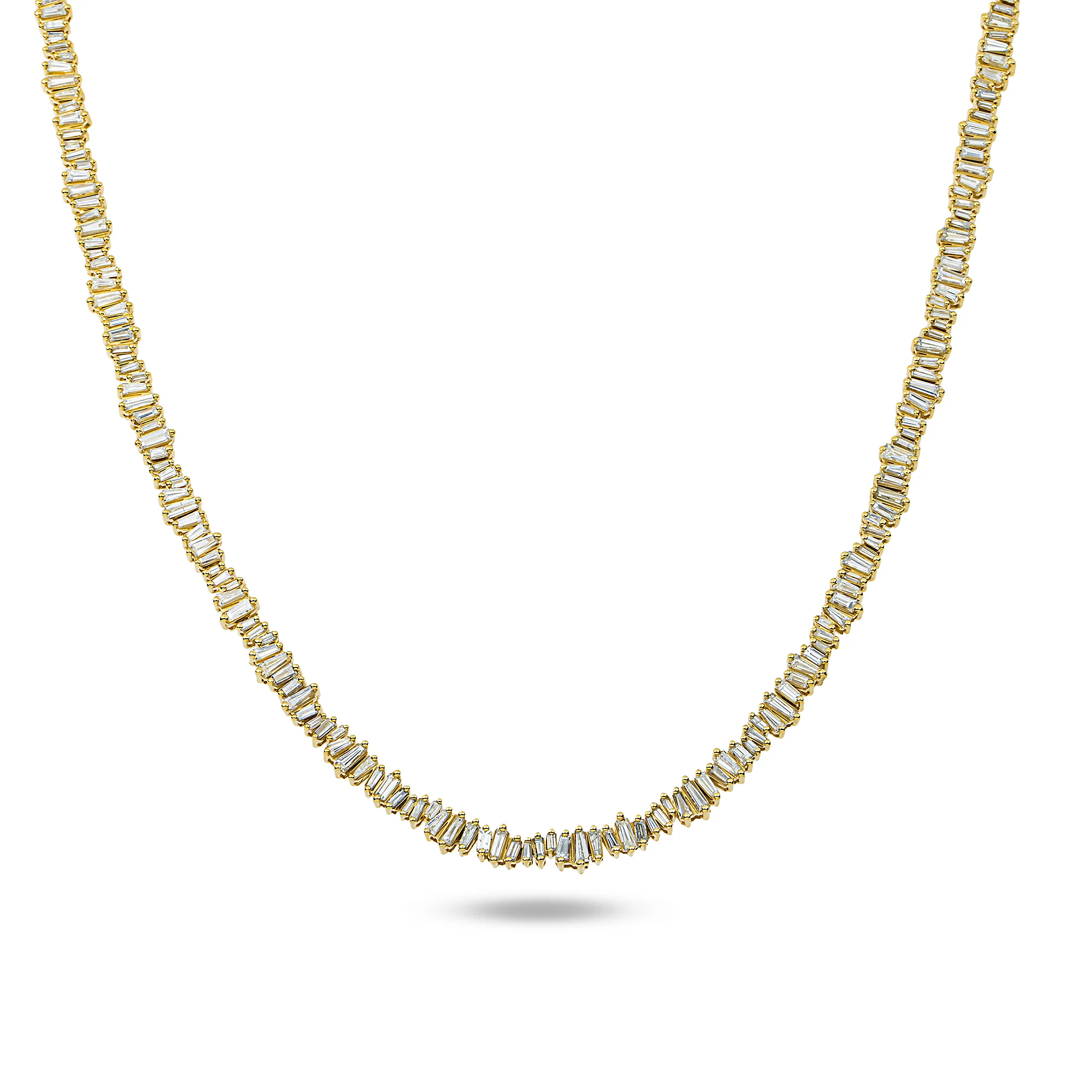 14K Yellow Gold Baguette Diamond Tennis Necklace 7.02ct