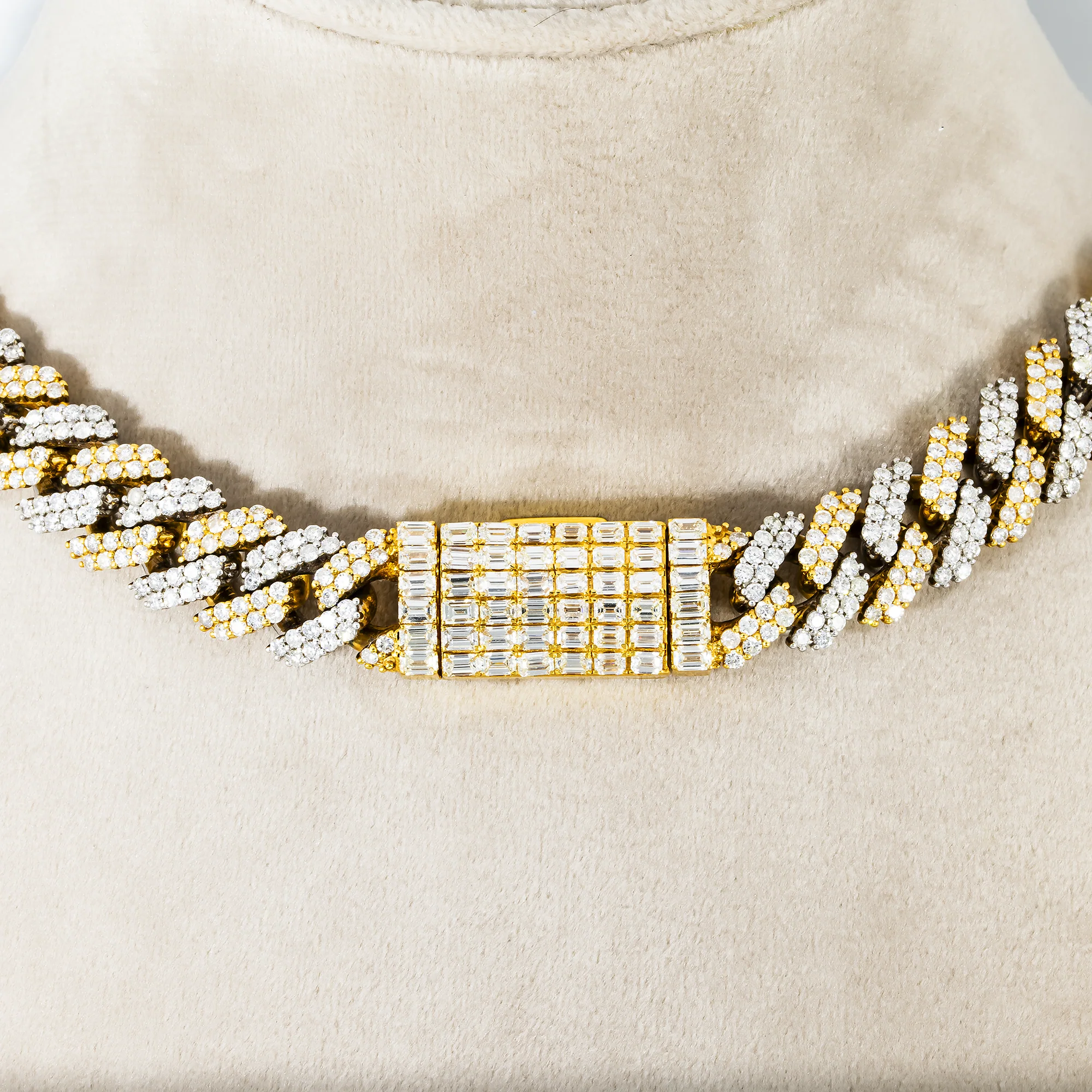 14K Two Tone 12mm Round & Emerald Diamond Cuban Link Chain 44.12ct - Image 3