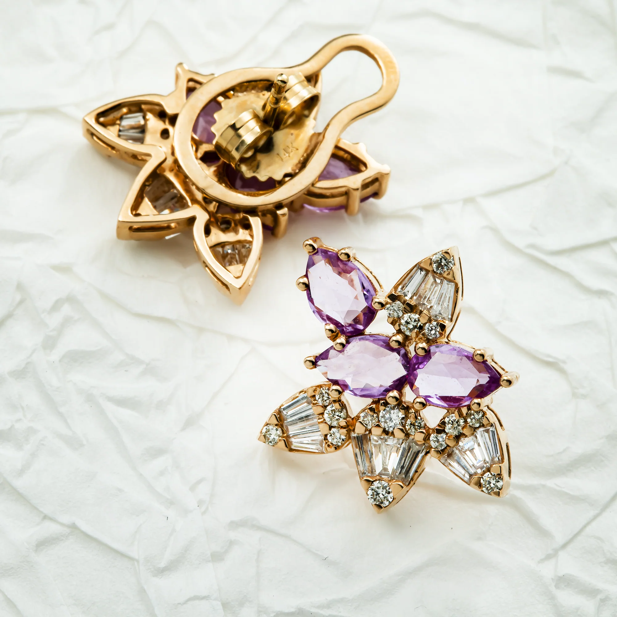 14K Yellow Gold Amethyst Gemstone & Diamond Stud Earrings - Image 3