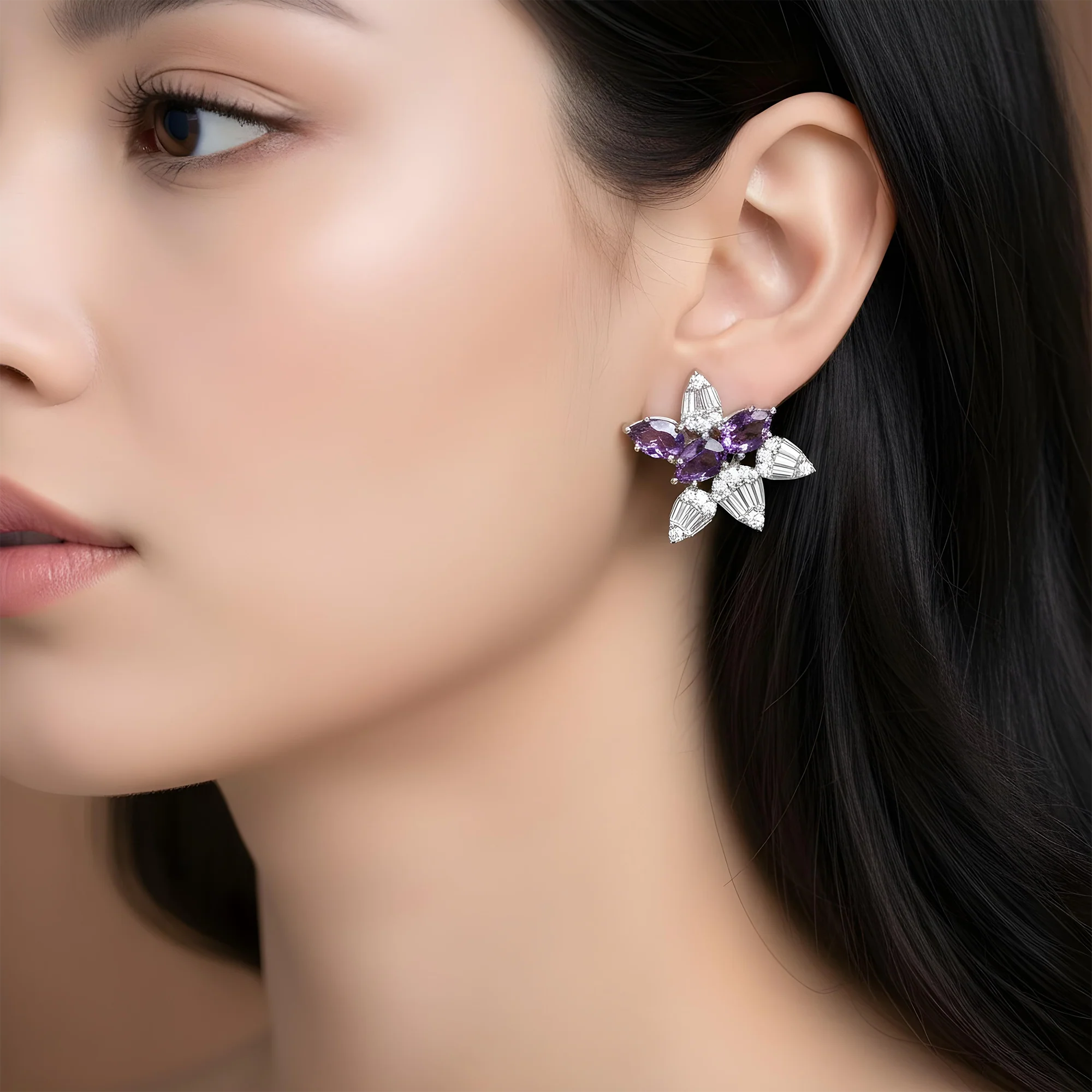 14K Yellow Gold Amethyst Gemstone & Diamond Stud Earrings - Image 5
