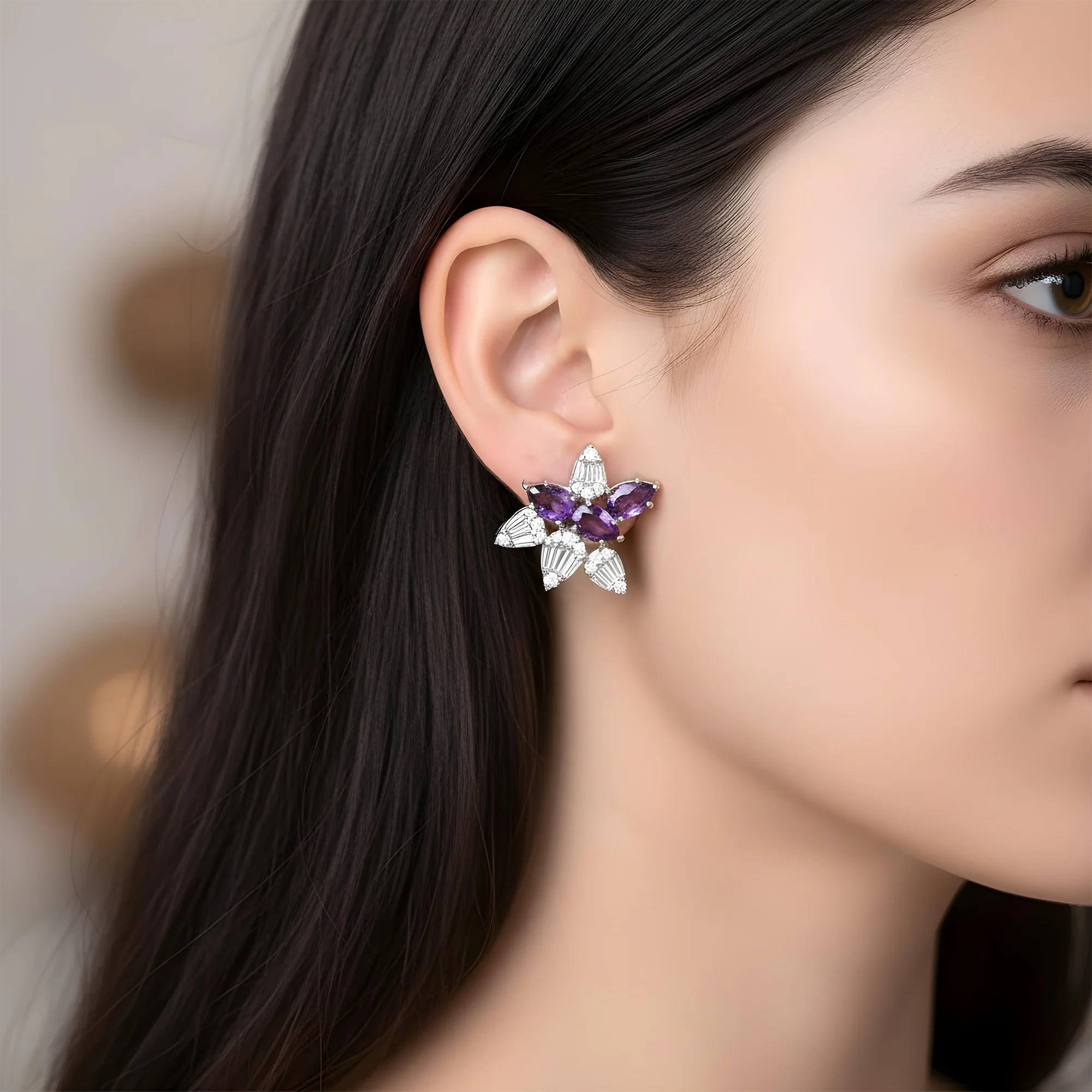14K Yellow Gold Amethyst Gemstone & Diamond Stud Earrings - Image 6