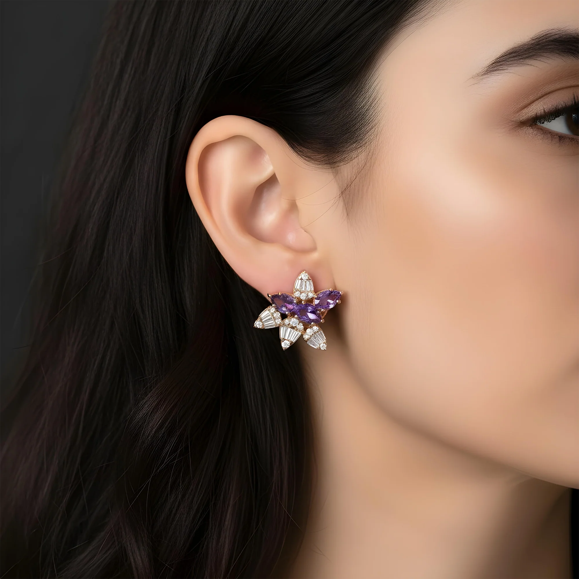 14K Yellow Gold Amethyst Gemstone & Diamond Stud Earrings - Image 8