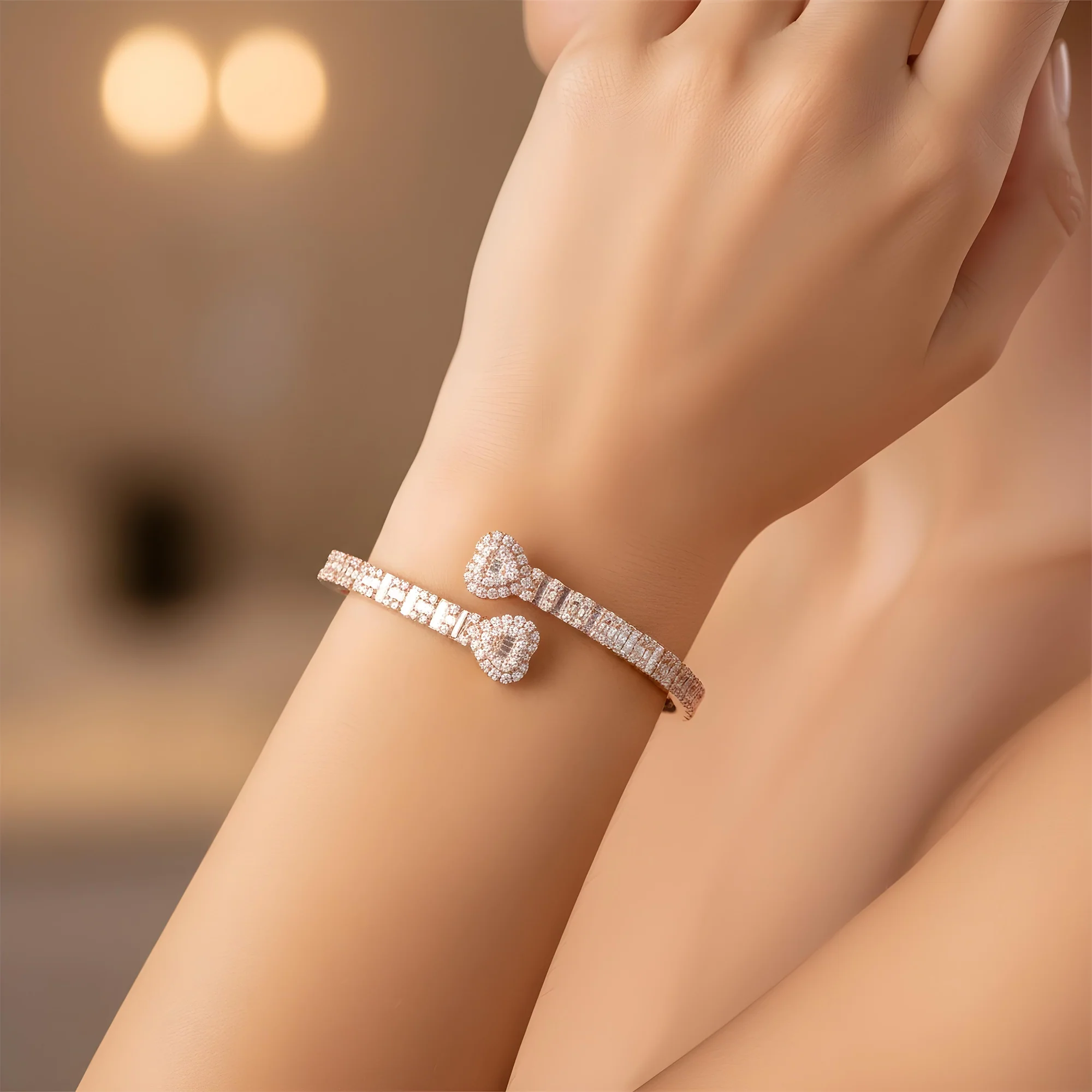 14K Yellow Gold Baguette & Round Diamond Heart Bangle Bracelet 4.50ct - Image 10