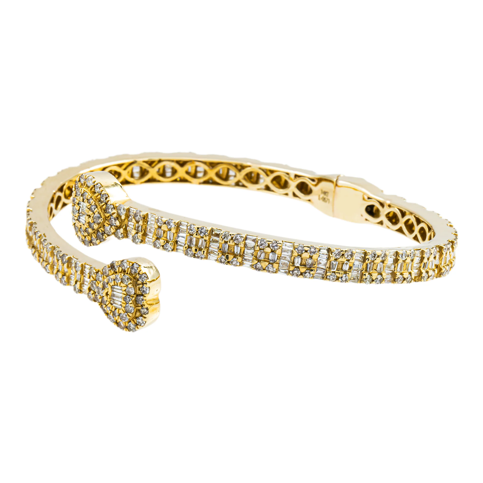 14K Yellow Gold Baguette & Round Diamond Heart Bangle Bracelet 4.50ct - Image 3
