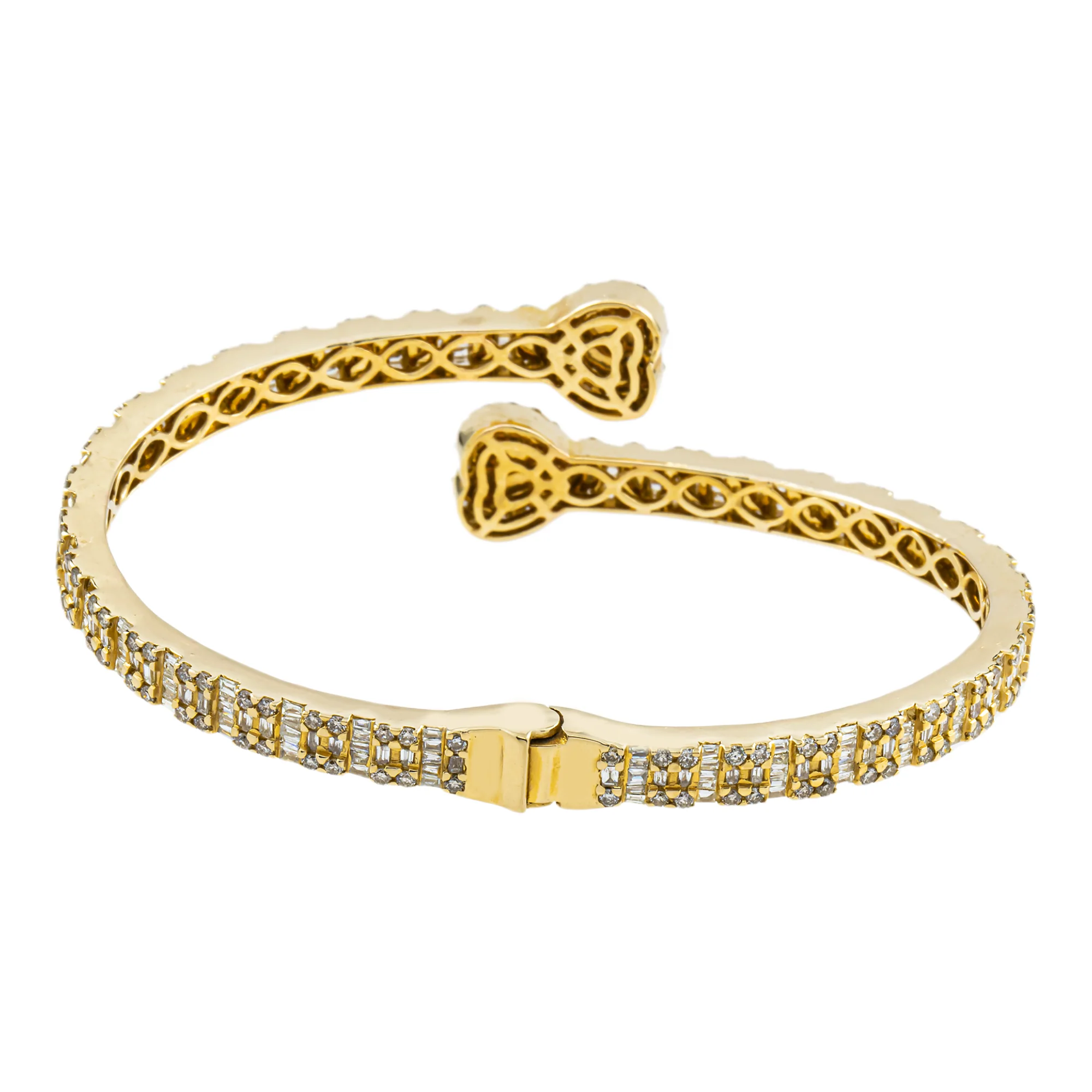 14K Yellow Gold Baguette & Round Diamond Heart Bangle Bracelet 4.50ct - Image 4