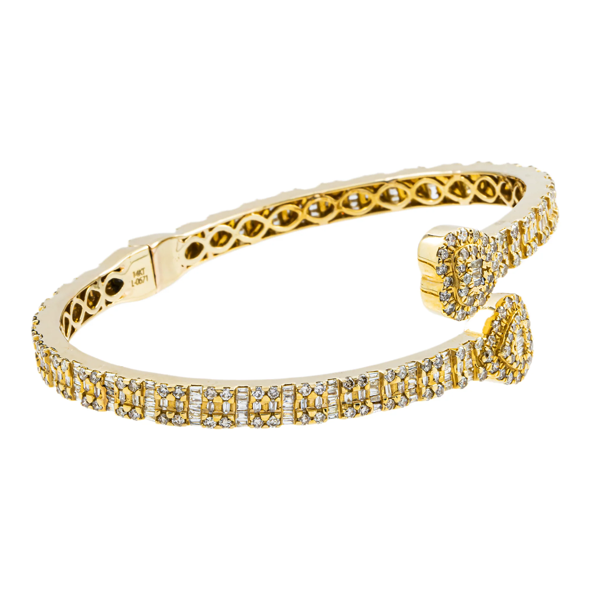 14K Yellow Gold Baguette & Round Diamond Heart Bangle Bracelet 4.50ct - Image 5