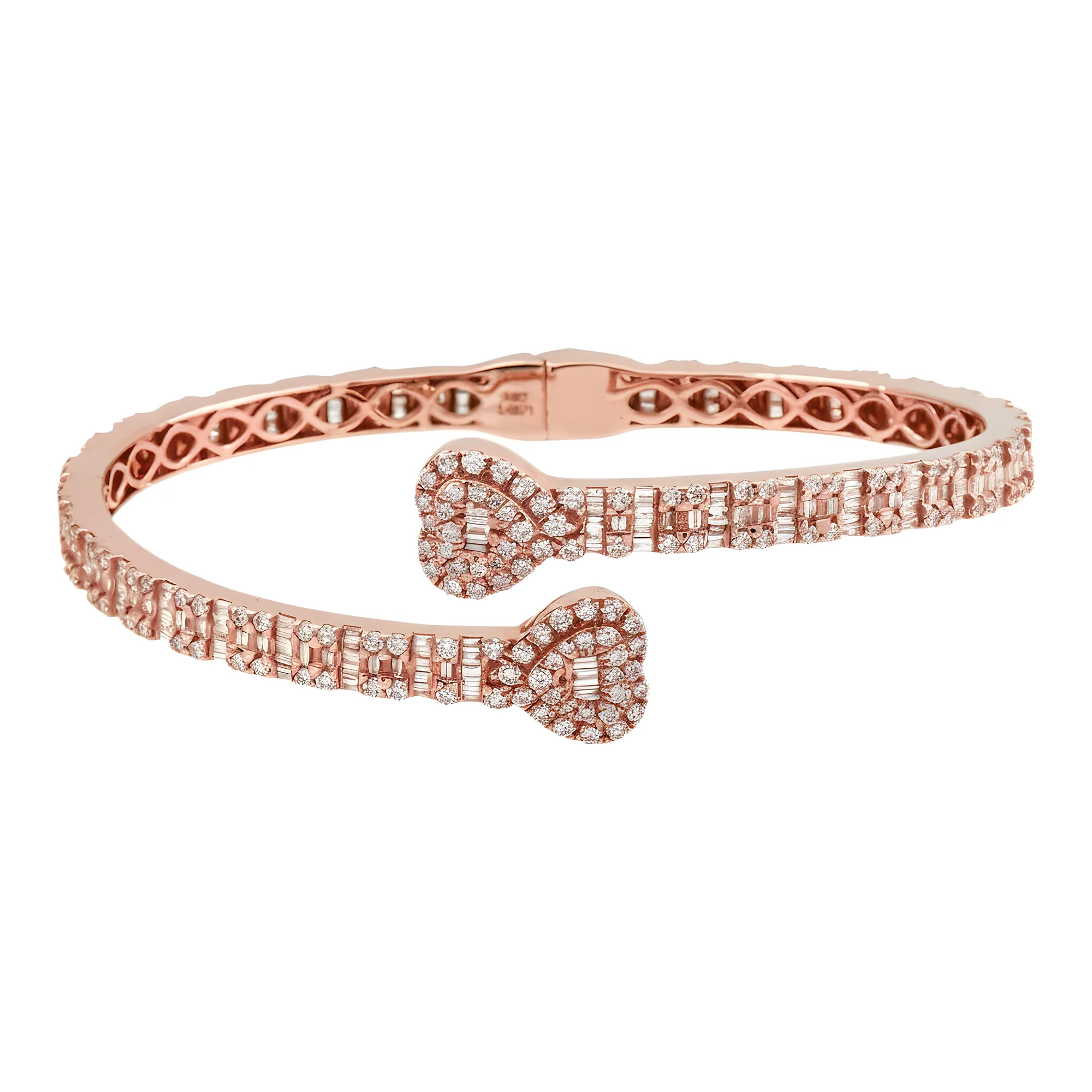 14K Yellow Gold Baguette & Round Diamond Heart Bangle Bracelet 4.50ct - Image 9