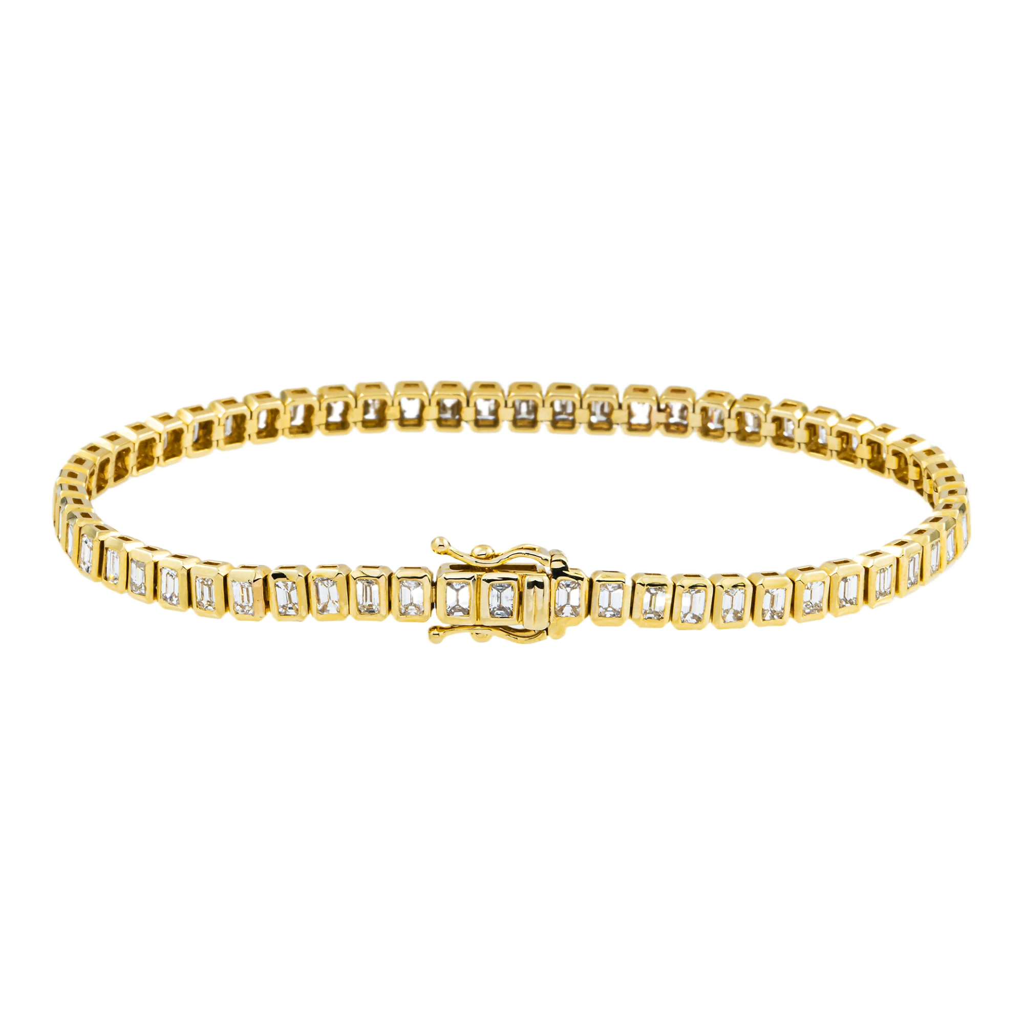 14K Yellow Gold Bezel Set Emerald Cut Diamond Tennis Bracelet 4.12ct - Image 4