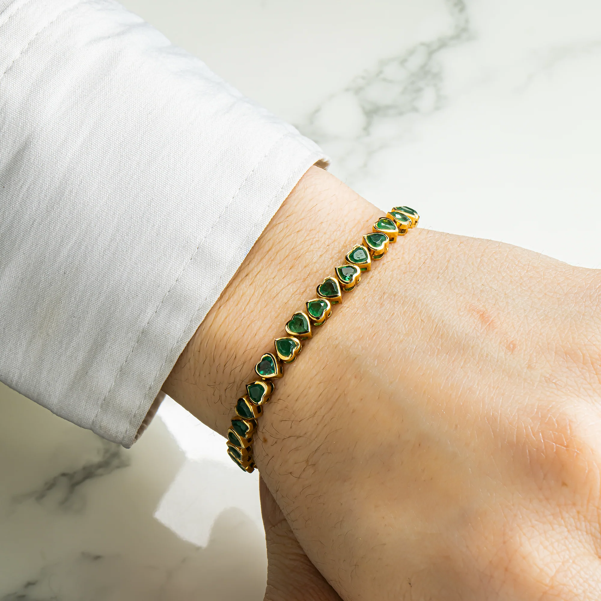 14K Yellow Gold Bezel Set Heart Emerald Bracelet 8.23ct - Image 2