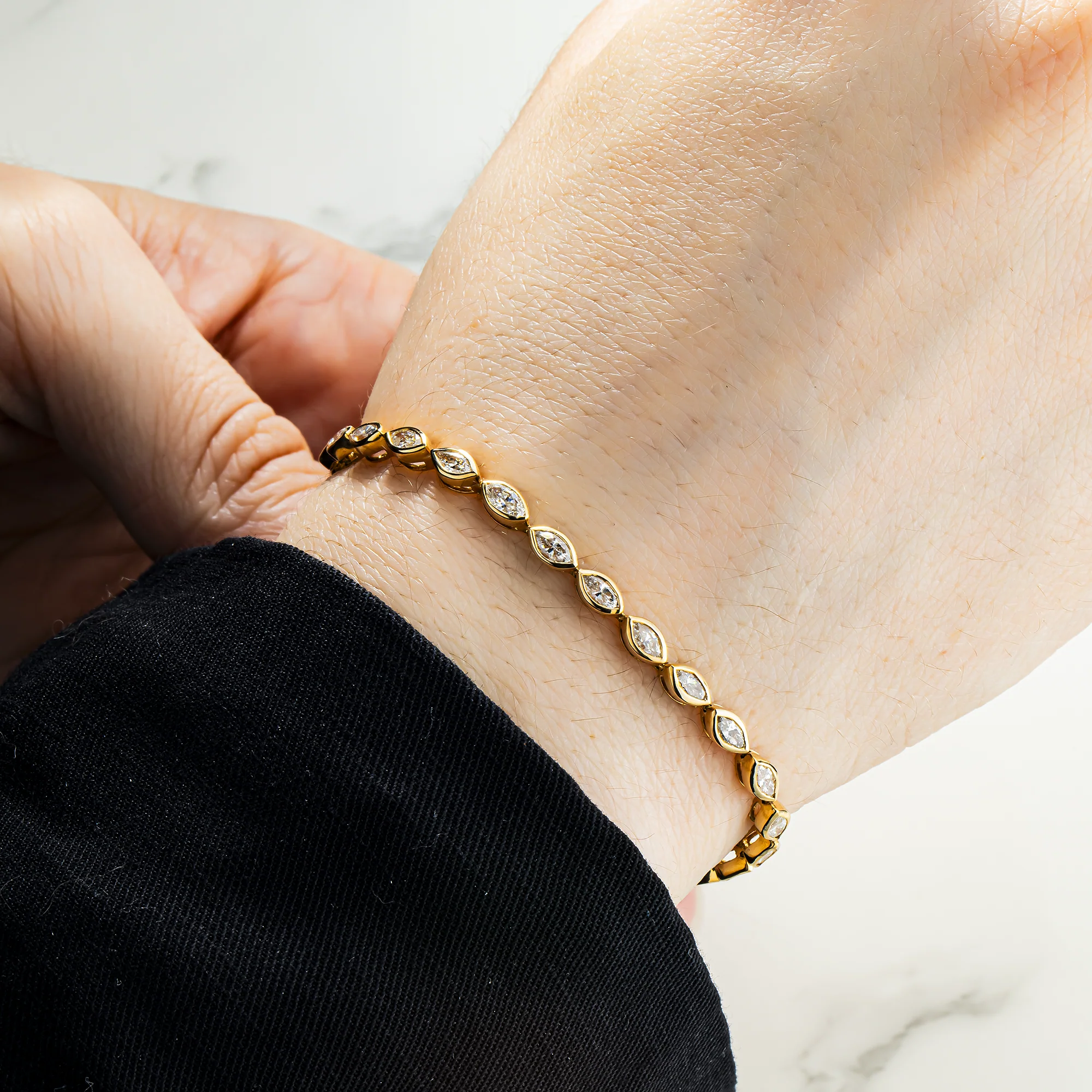 14K Yellow Gold Bezel Set Marquise Cut Diamond Tennis Bracelet 4.30ct - Image 2