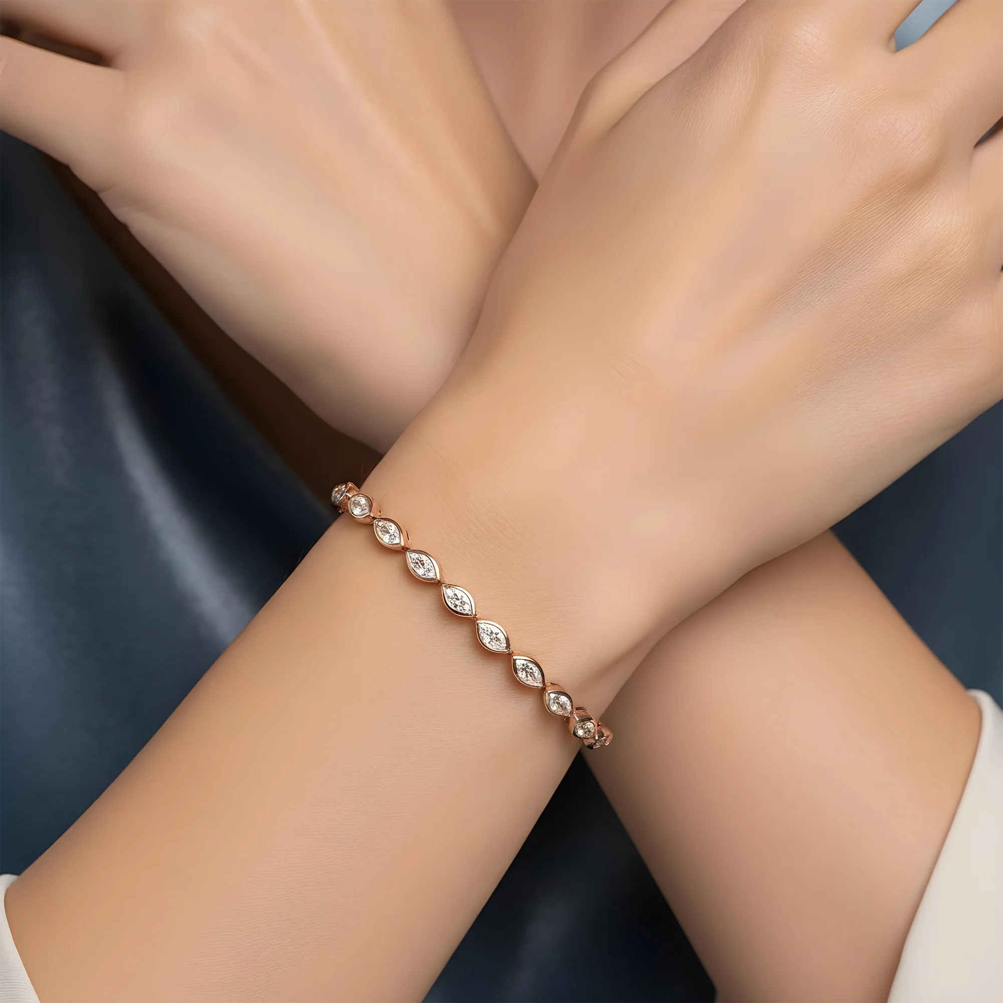 14K Yellow Gold Bezel Set Marquise Cut Diamond Tennis Bracelet 4.30ct - Image 9