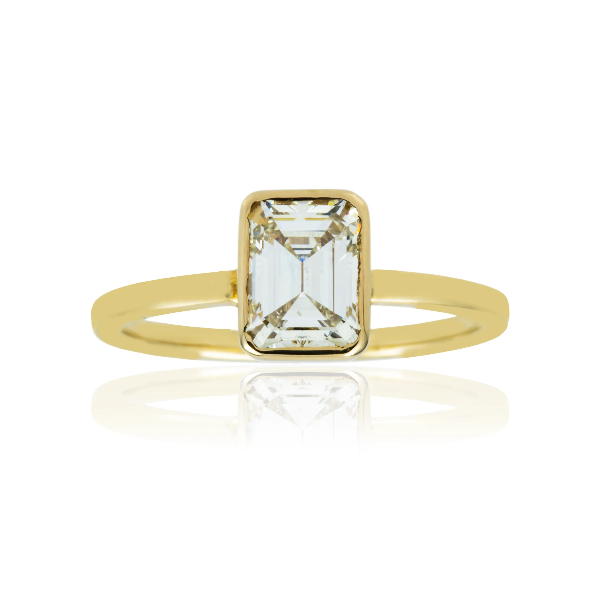 14K Yellow Gold Bezel Set Solitaire Emerald Cut Diamond Ring 1.09ct