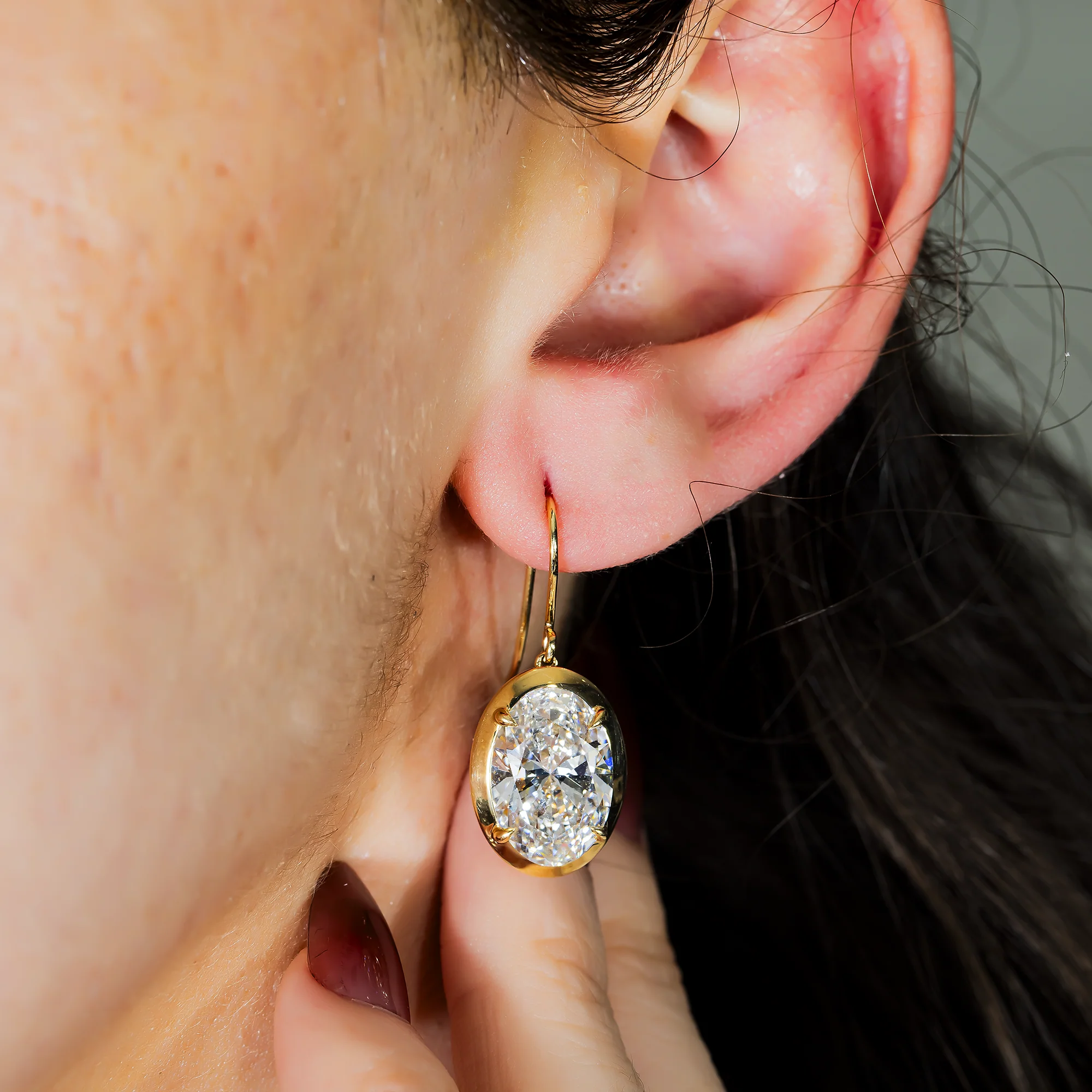 14K Yellow Gold Solitaire Bezel Set Oval Diamond Drop Earrings 10.12ctw - Image 2