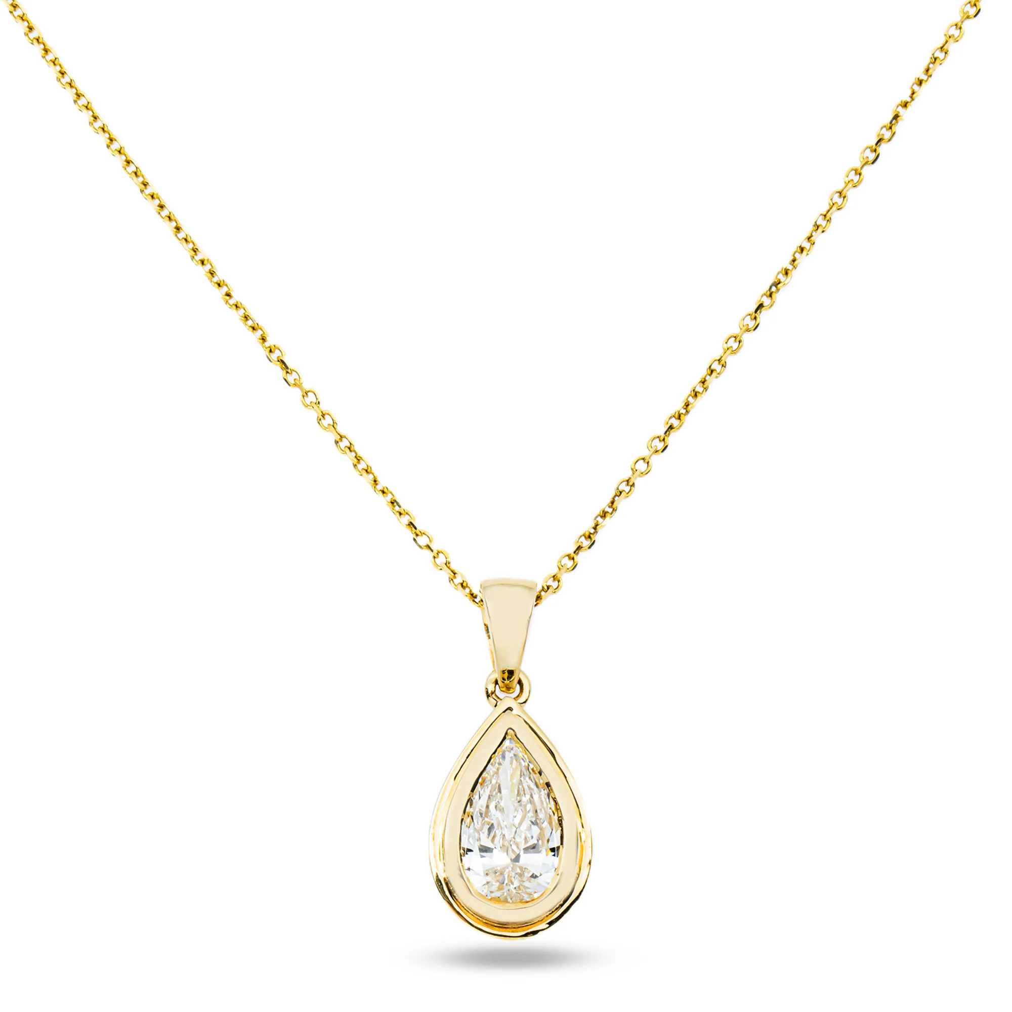 14K Yellow Gold Bezel Set Solitaire Pear Cut Diamond Necklace 1.23ct