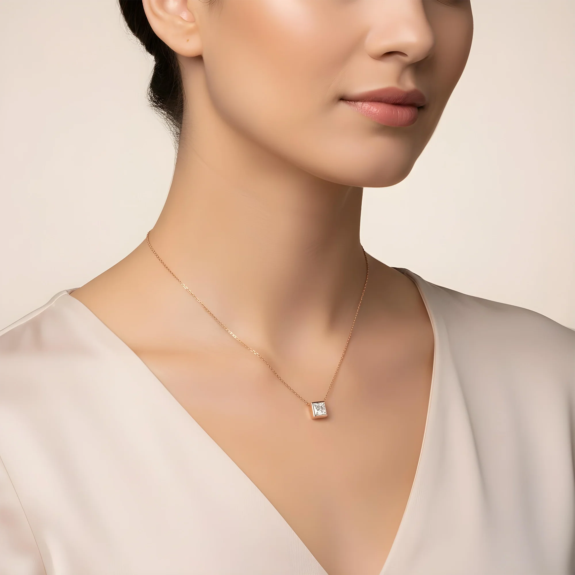 14K Yellow Gold Bezel Set Solitaire Princess Cut Diamond Necklace 1.01ct - Image 8
