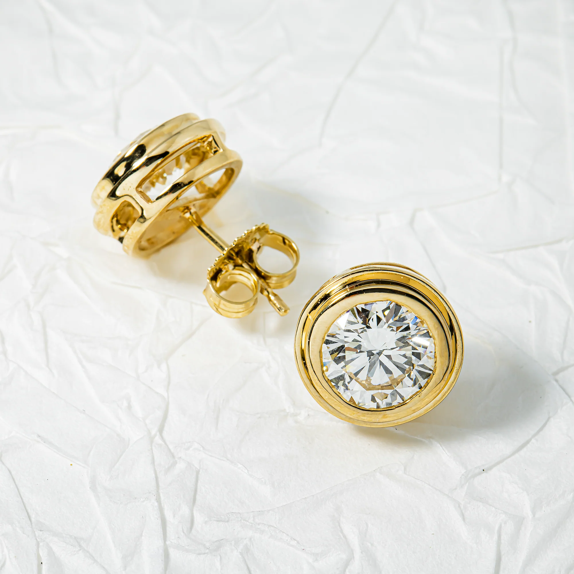 14K Yellow Gold Bezel Set Solitaire Round Diamond Stud Earrings 4.05ctw - Image 3