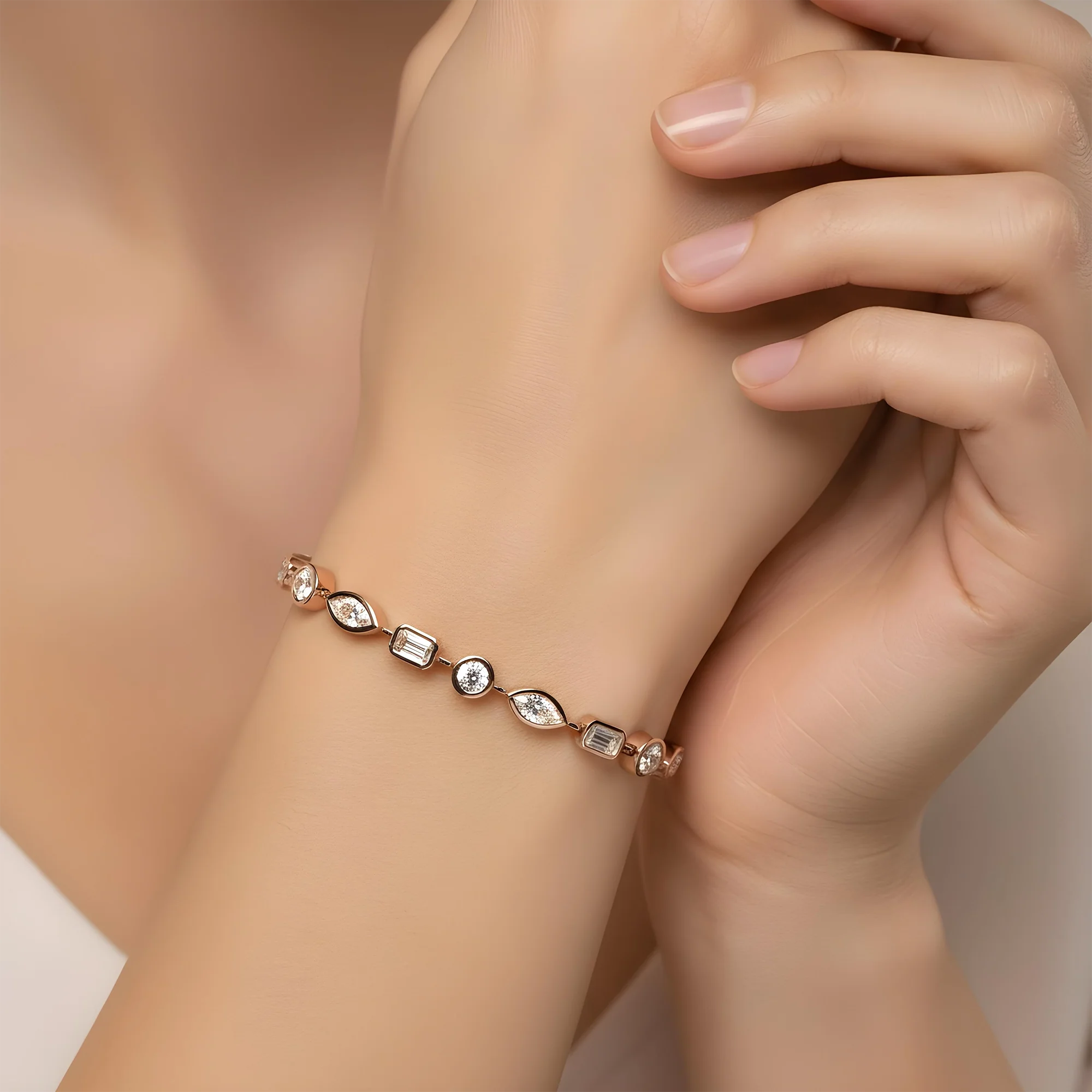 14K Yellow Gold Bezel Set Multi Cut Diamond Satellite Bracelet 4.30ct - Image 9