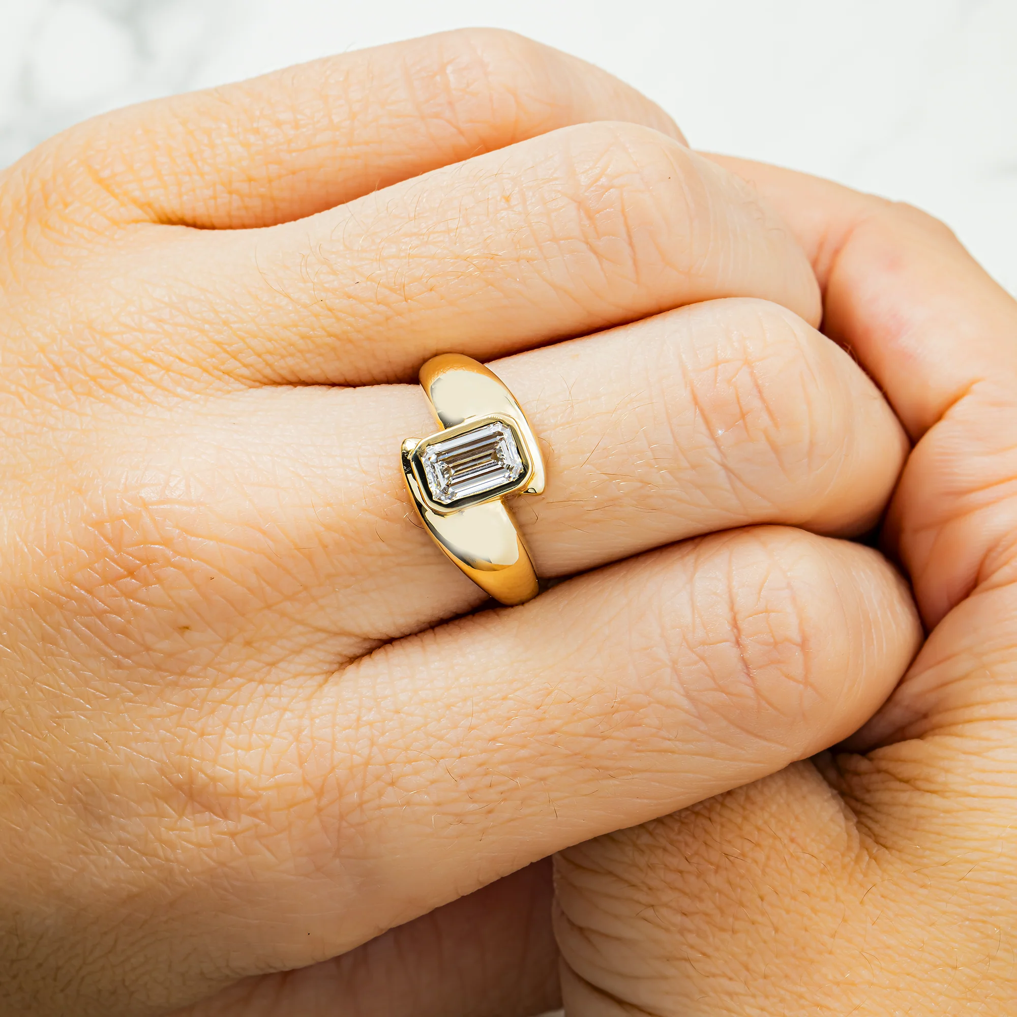 14K Yellow Gold Emerald Bezel Set Diamond Ring 1.13ct - Image 2