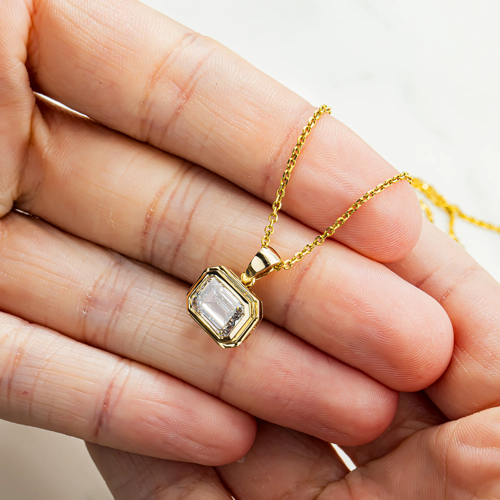 14K Yellow Gold Bezel Set Solitaire Emerald Cut Diamond Necklace 2.09ct - Image 2