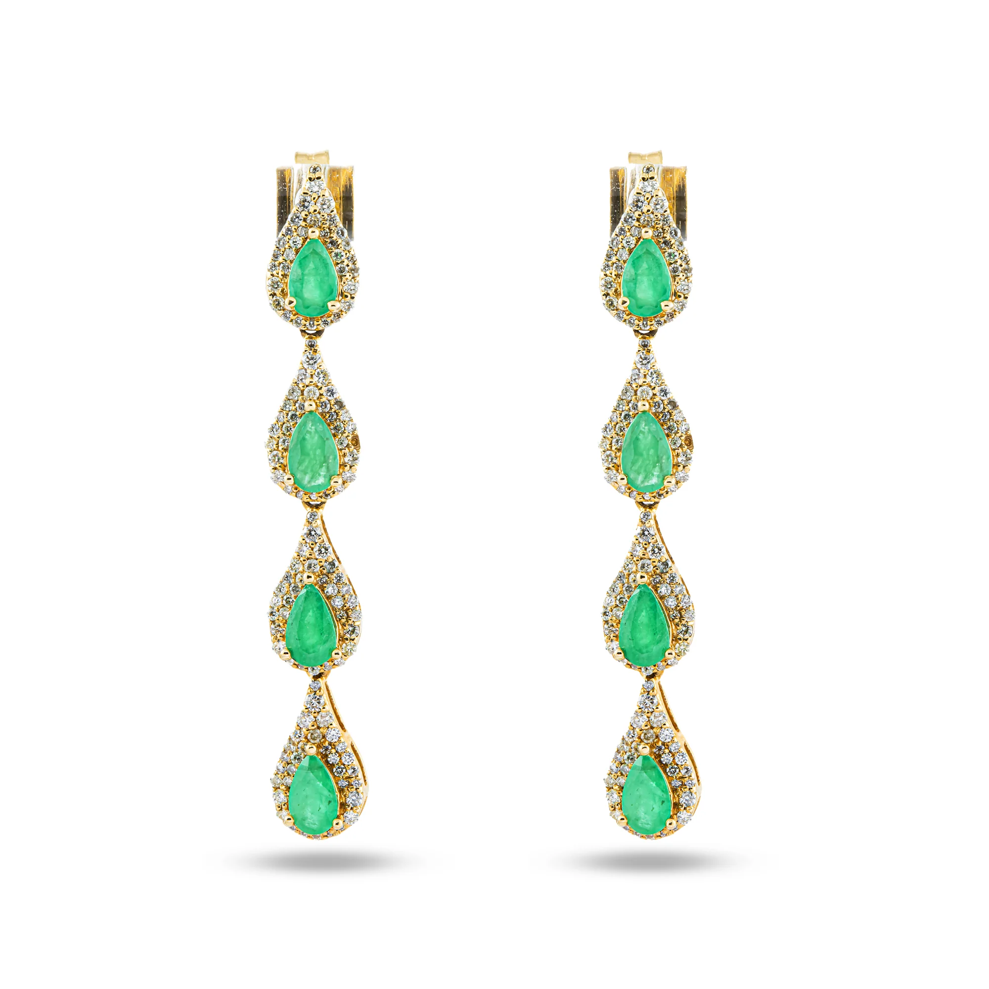 14K Yellow Gold Emerald & Round Diamond Drop Earrings 2.64ctw