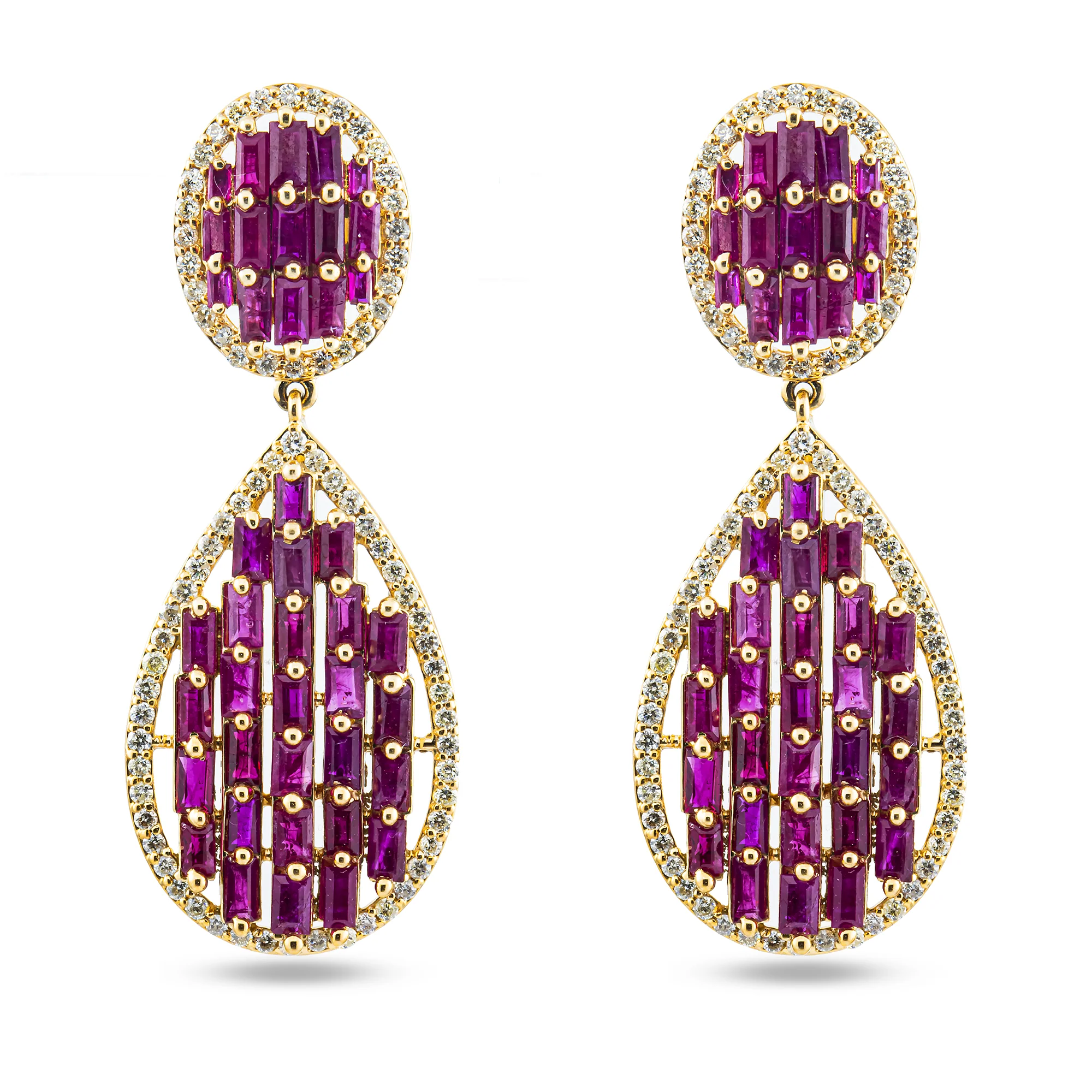 14K Yellow Gold Emerald Cut Pink Sapphire & Diamond Drop Earrings