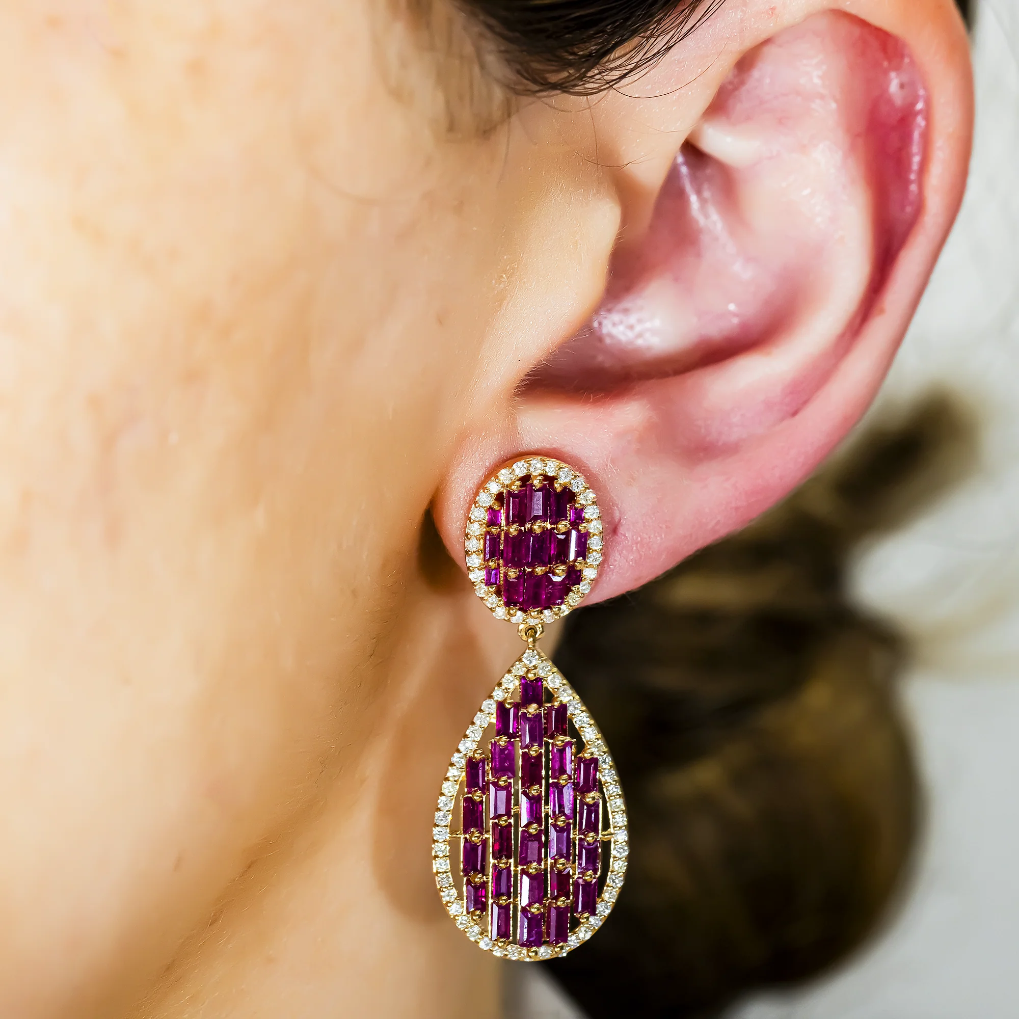 14K Yellow Gold Emerald Cut Pink Sapphire & Diamond Drop Earrings - Image 2