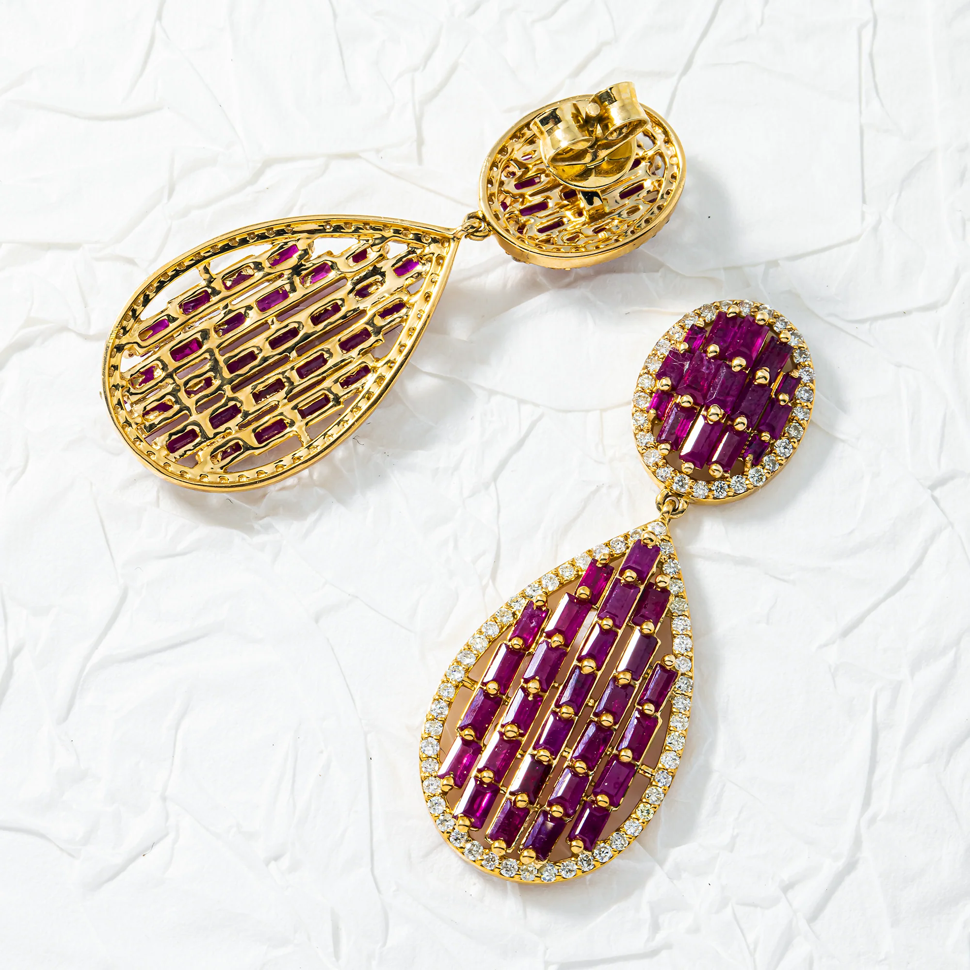 14K Yellow Gold Emerald Cut Pink Sapphire & Diamond Drop Earrings - Image 3