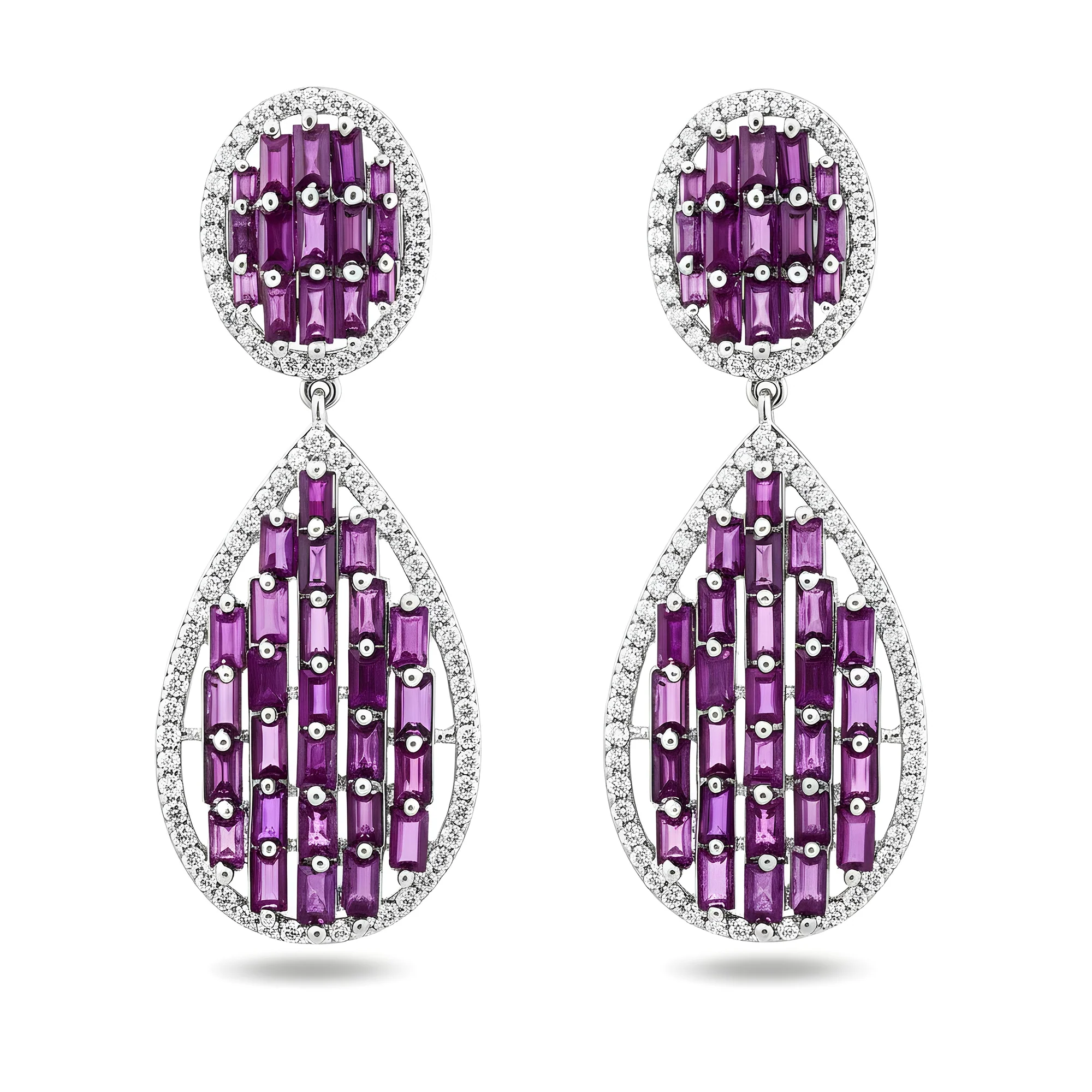 14K Yellow Gold Emerald Cut Pink Sapphire & Diamond Drop Earrings - Image 4