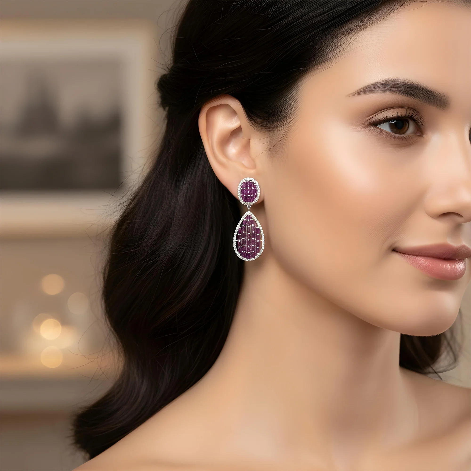 14K Yellow Gold Emerald Cut Pink Sapphire & Diamond Drop Earrings - Image 5
