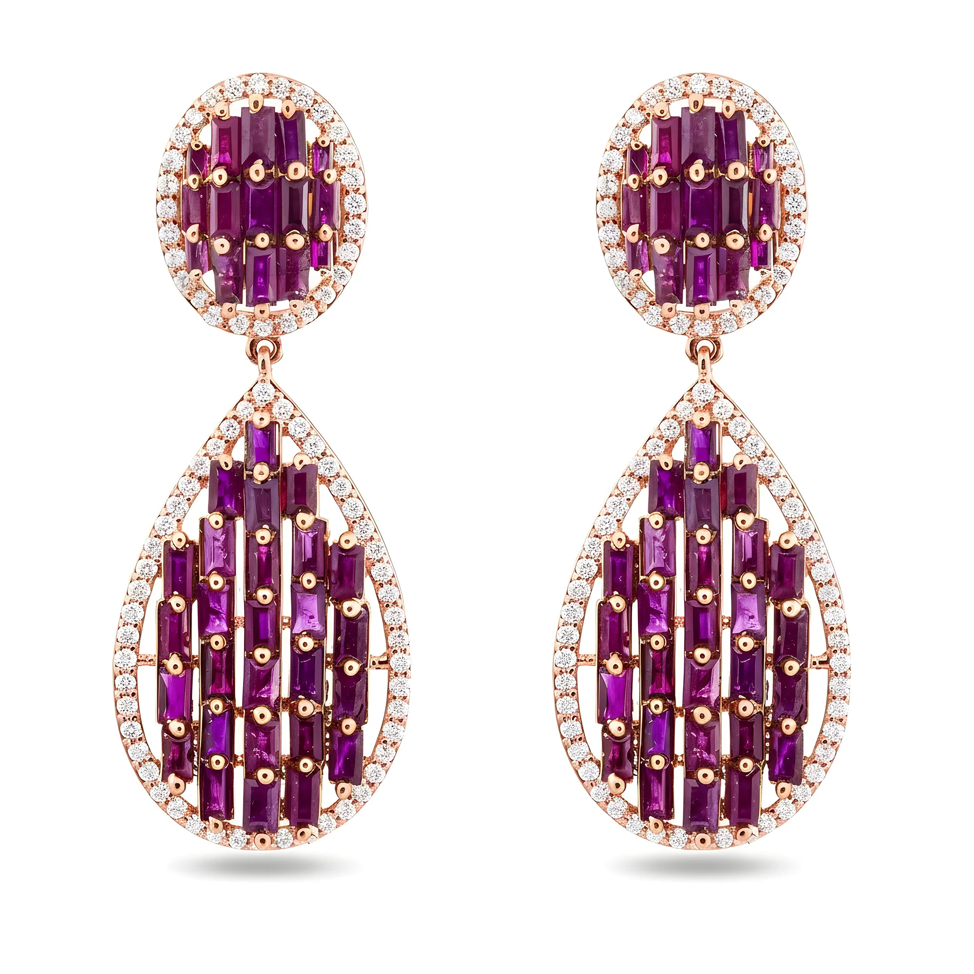 14K Yellow Gold Emerald Cut Pink Sapphire & Diamond Drop Earrings - Image 7