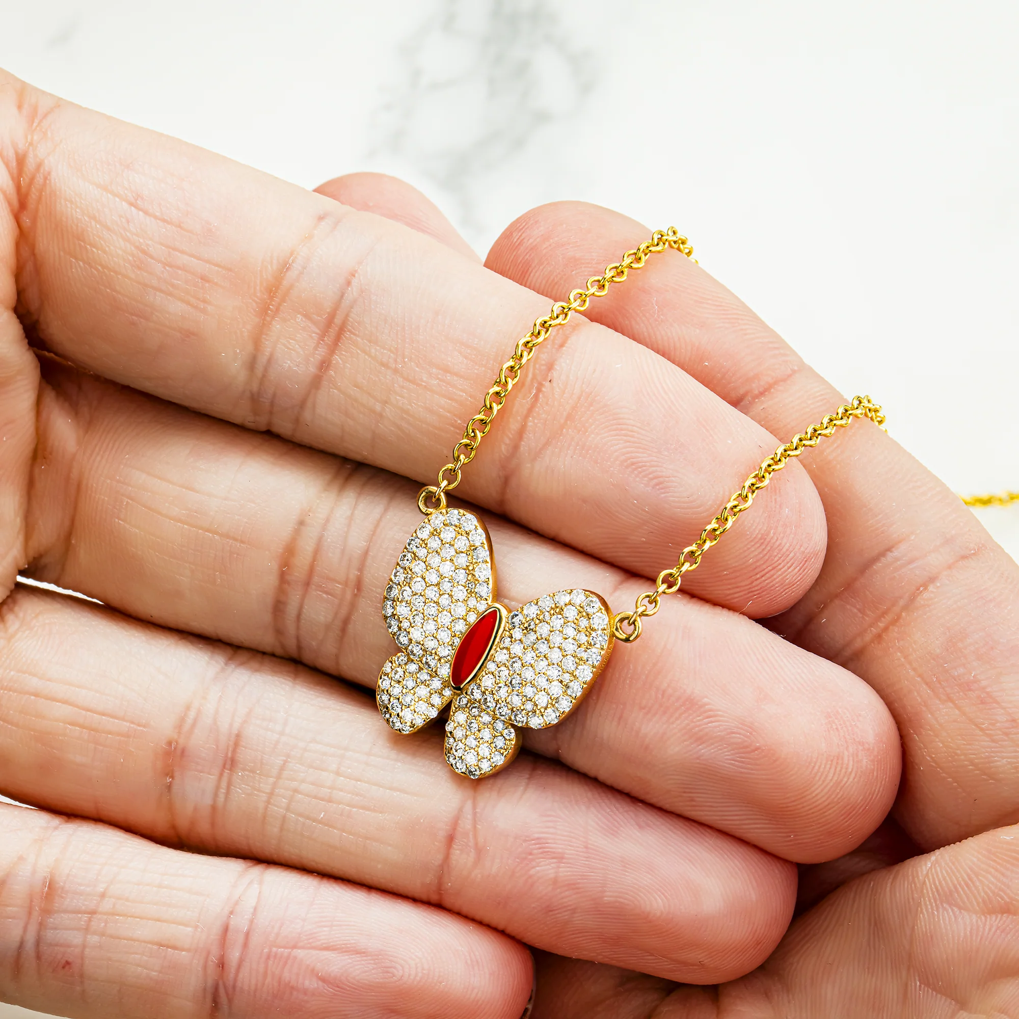 Double Sided - 14K Yellow Gold & Enamel Diamond Butterfly Pendant & Chain Necklace 1.20ct - Image 3
