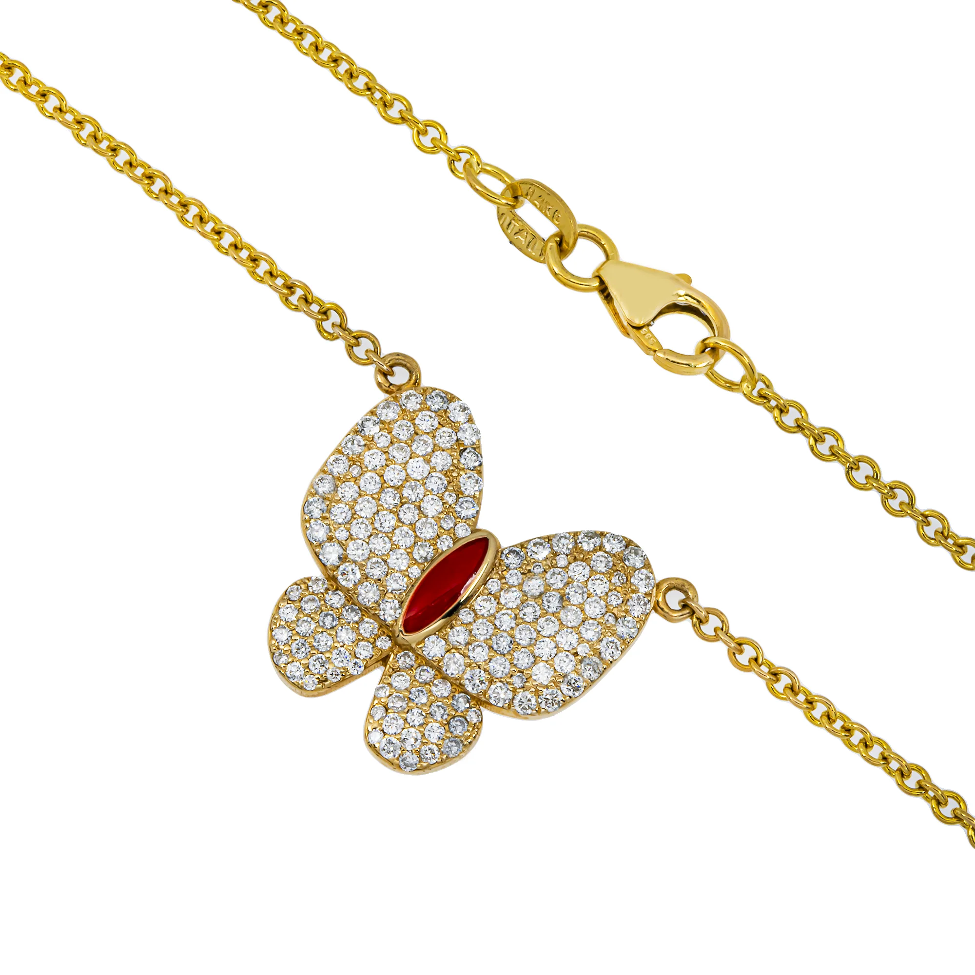 Double Sided - 14K Yellow Gold & Enamel Diamond Butterfly Pendant & Chain Necklace 1.20ct - Image 4