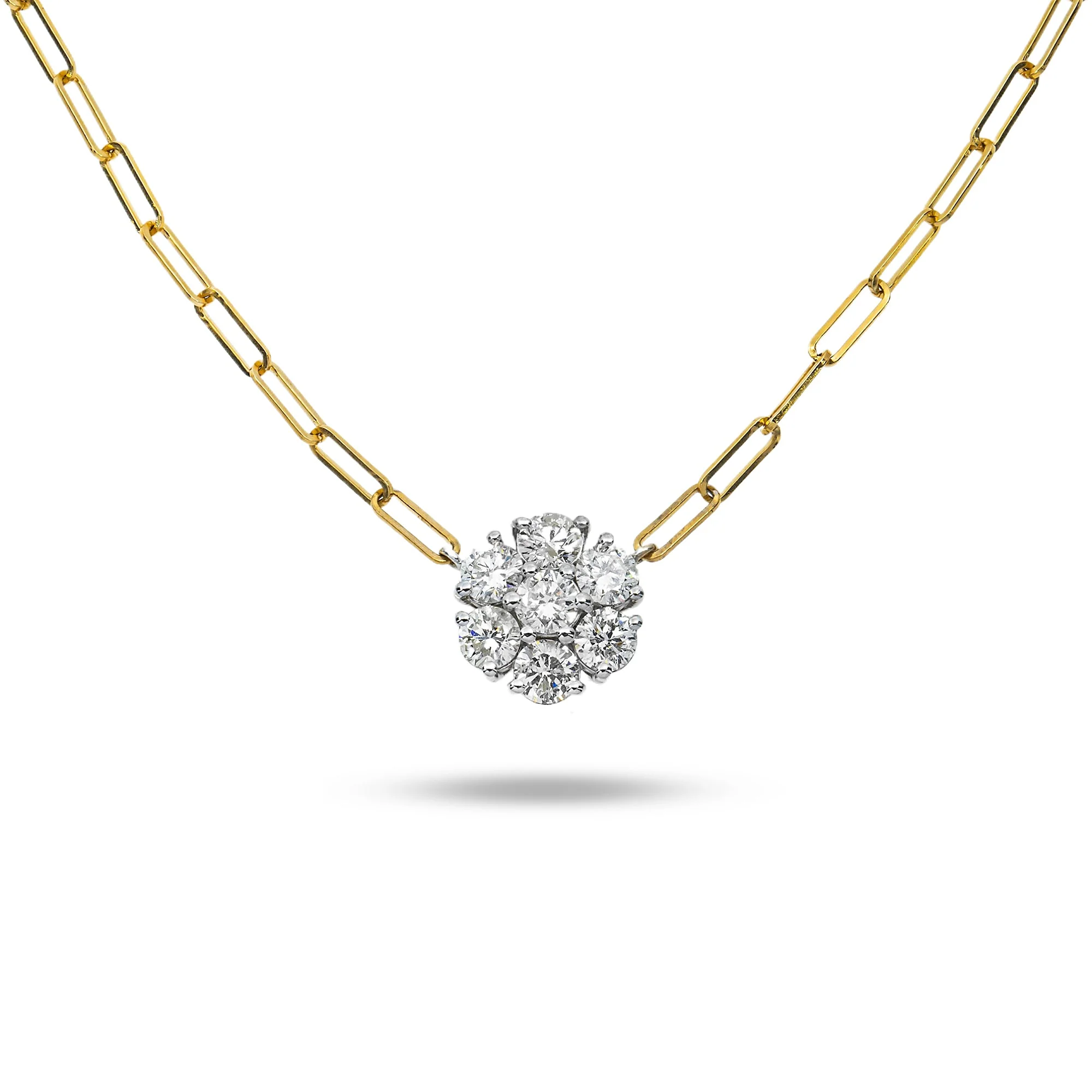 14K Yellow Gold Flower Set Diamond Paper Clip Chain Necklace 1.33ct