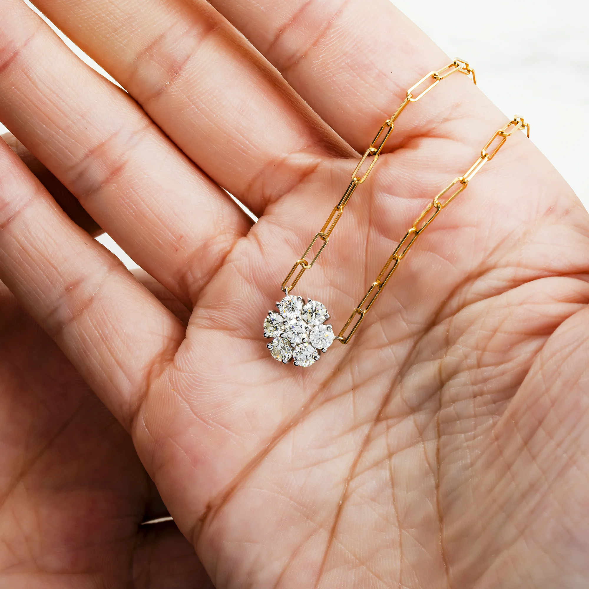 14K Yellow Gold Flower Set Diamond Paper Clip Chain Necklace 1.33ct - Image 2