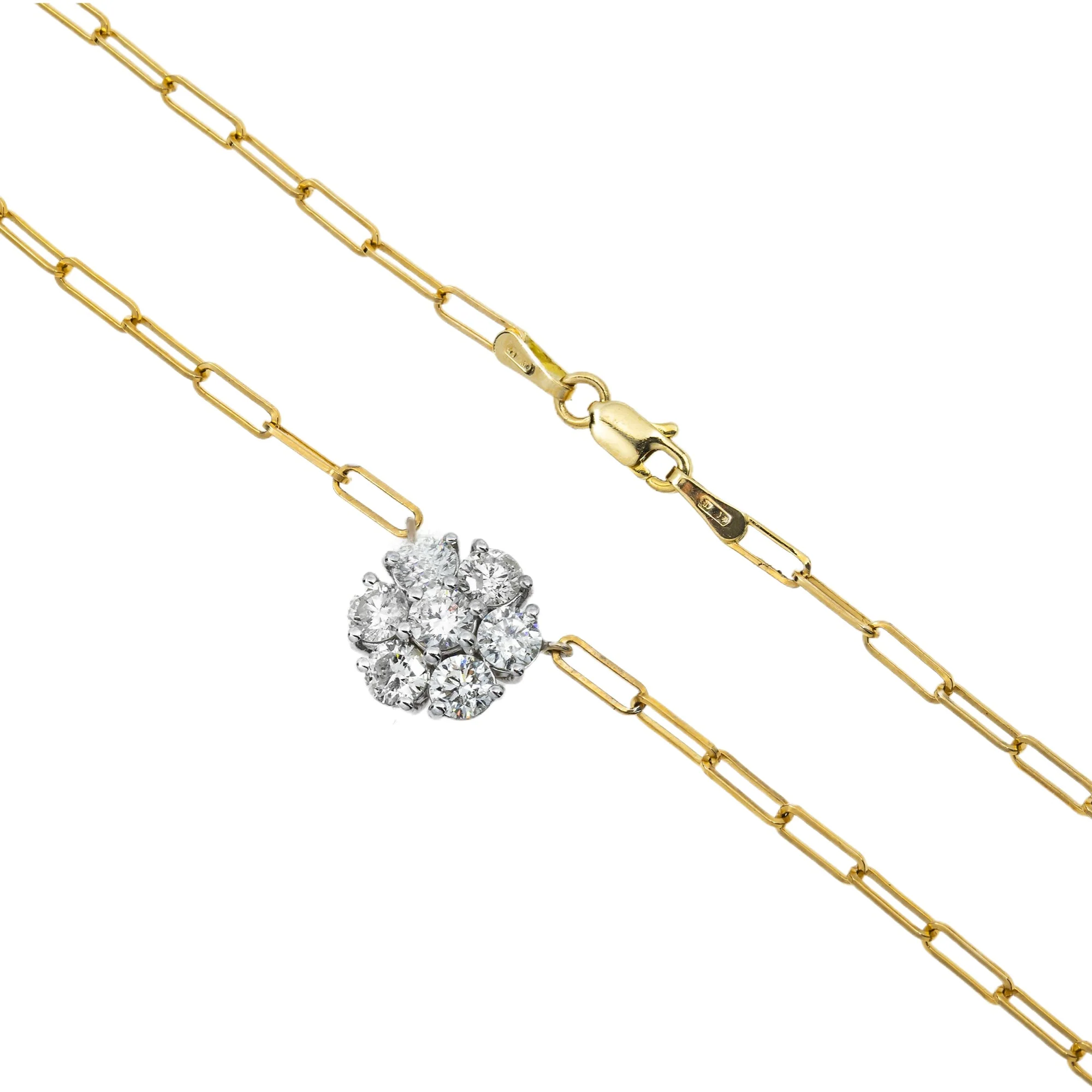 14K Yellow Gold Flower Set Diamond Paper Clip Chain Necklace 1.33ct - Image 3