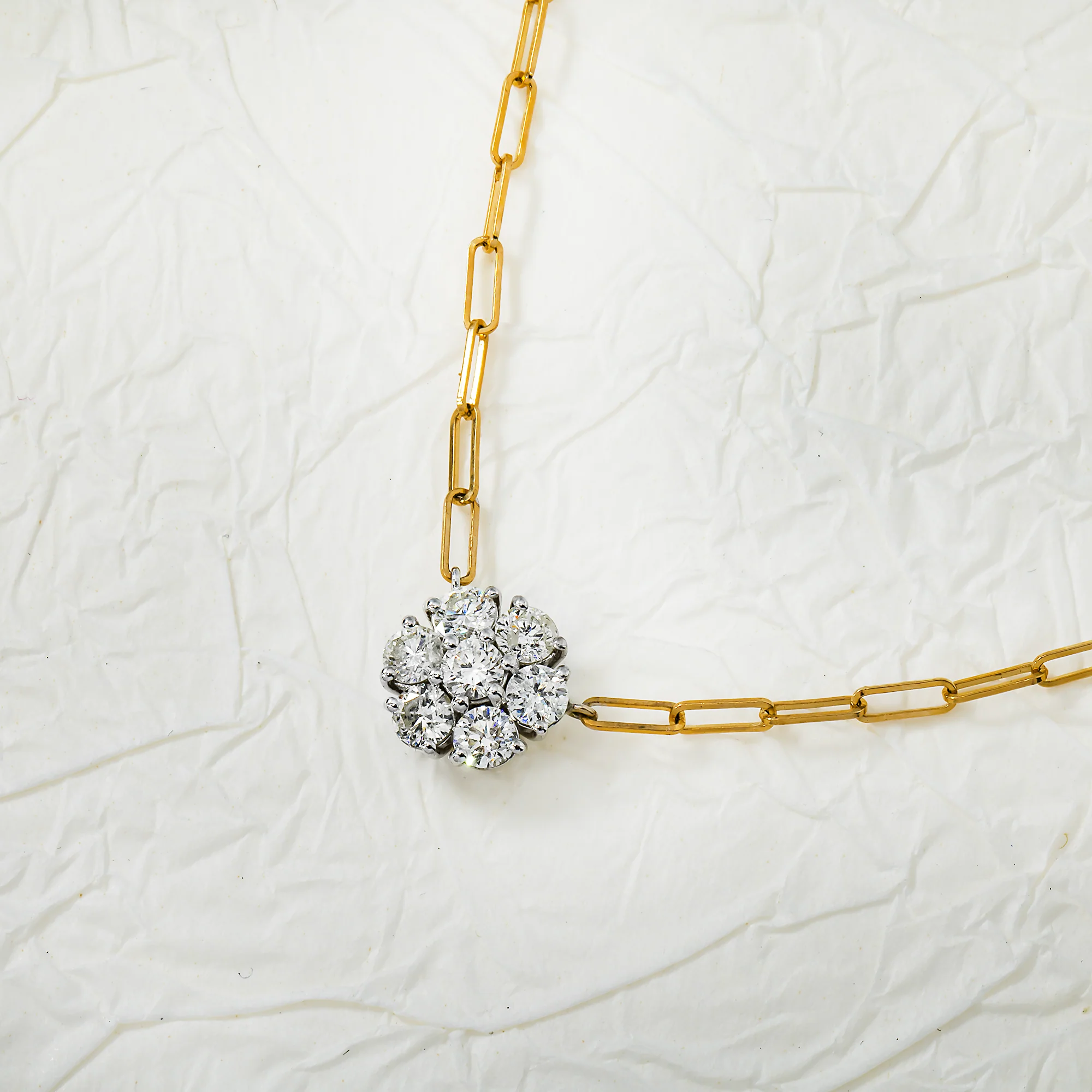 14K Yellow Gold Flower Set Diamond Paper Clip Chain Necklace 1.33ct - Image 4