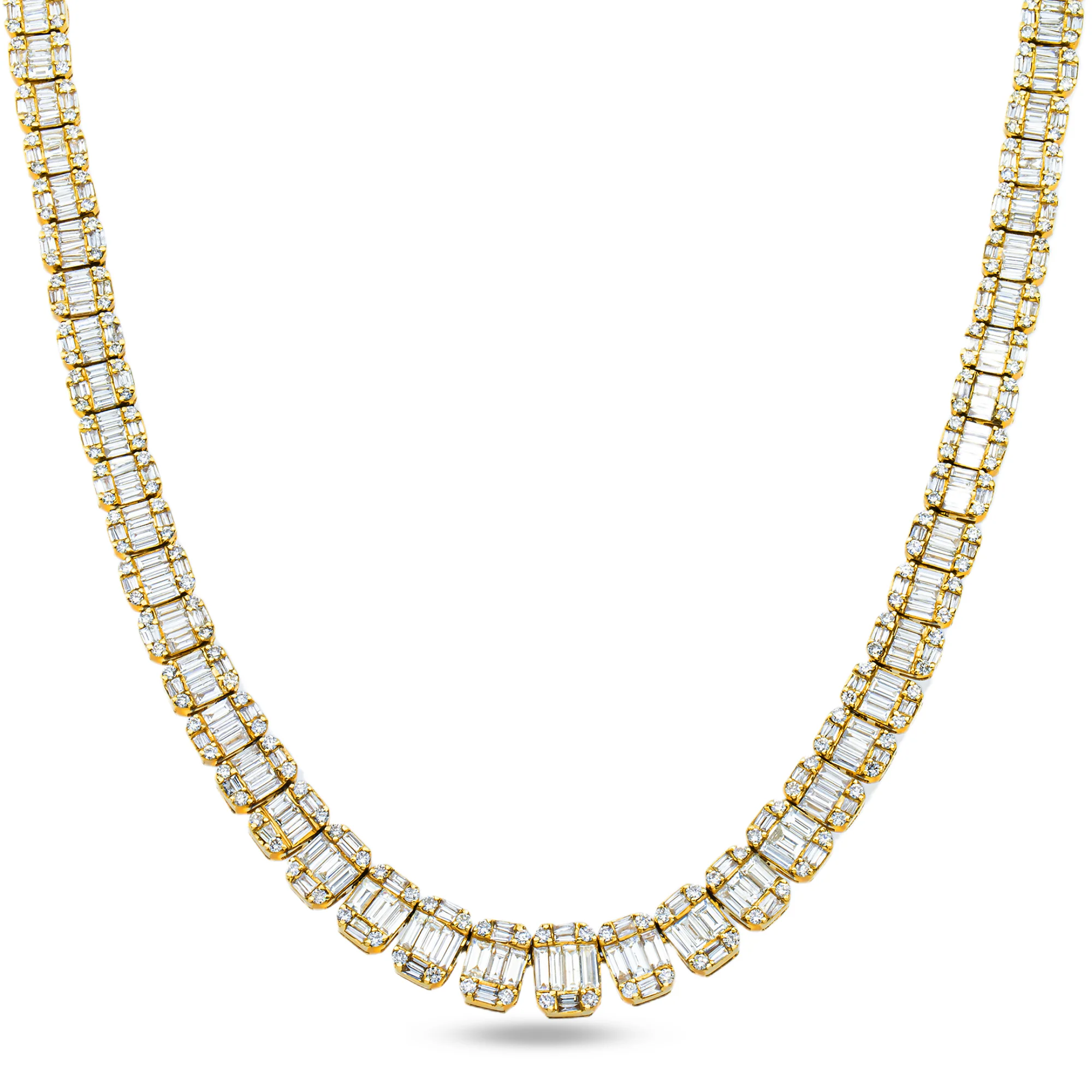 14K Yellow Gold Graduated Round & Baguette Cut Diamond Tennis Chain 22.65ct