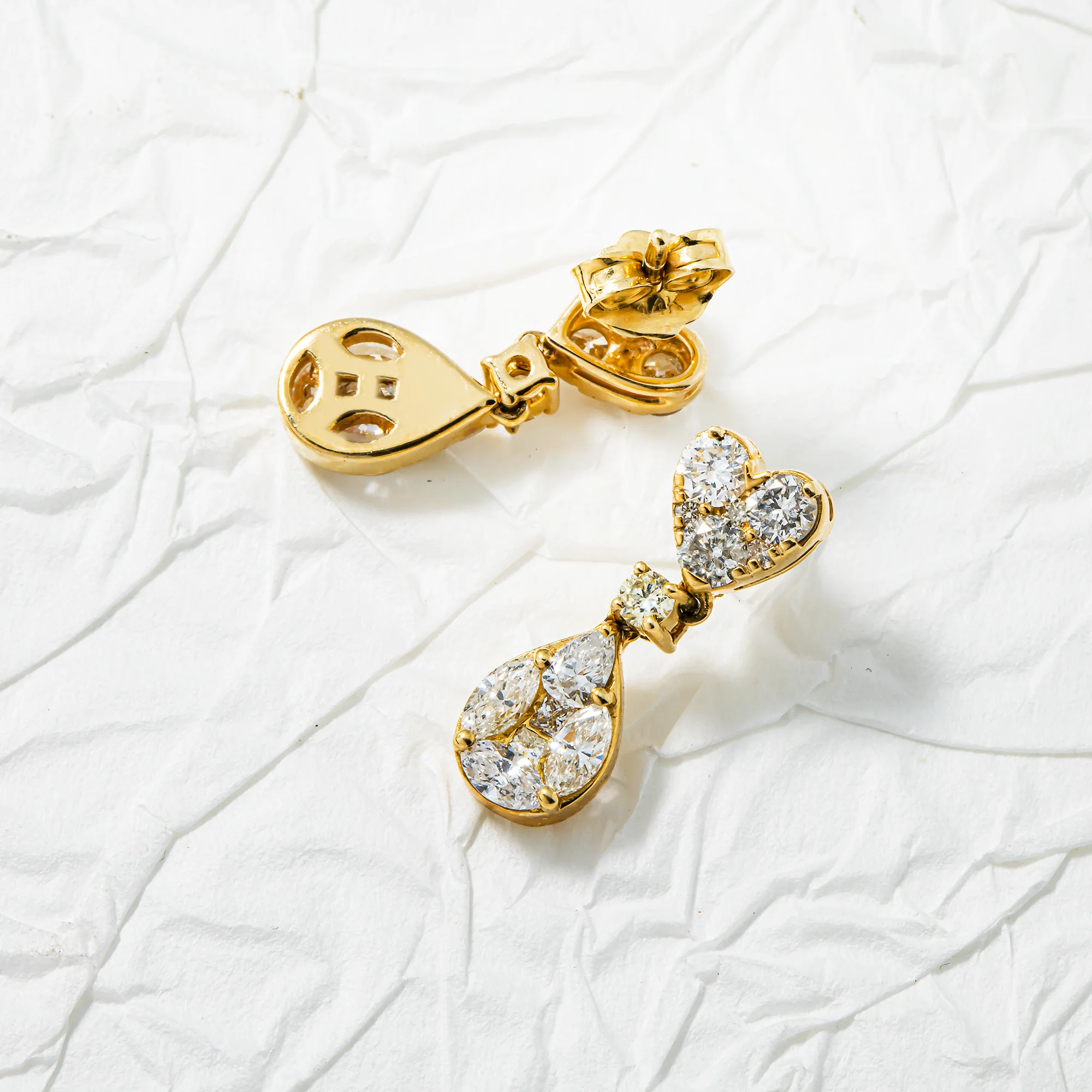 14K Yellow Gold Heart Shaped Tier Drop Earrings 1.62ct - Image 3
