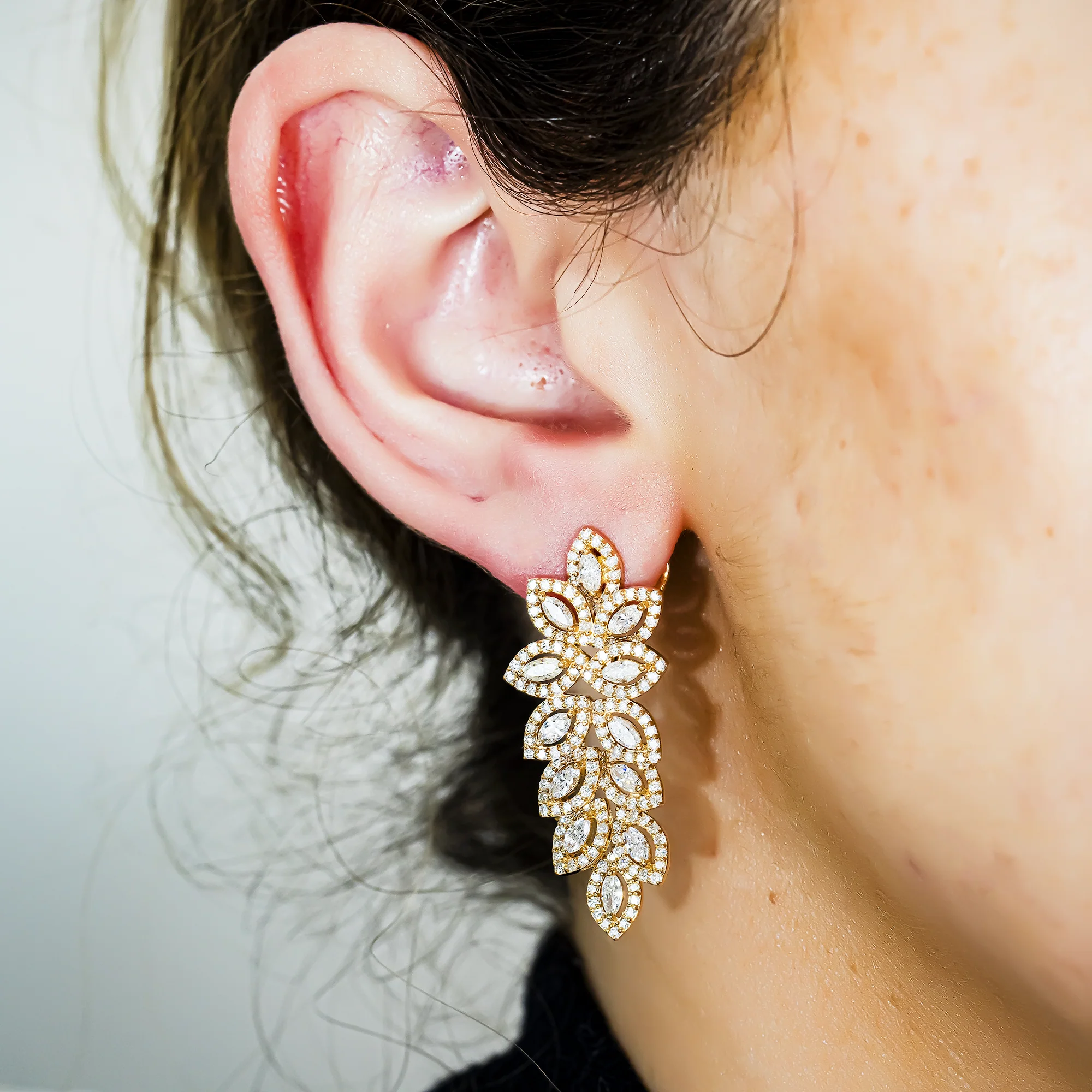 14K Yellow Gold Marquise Cut Diamond Petal Vine Drop Earrings 3.9ctw - Image 2