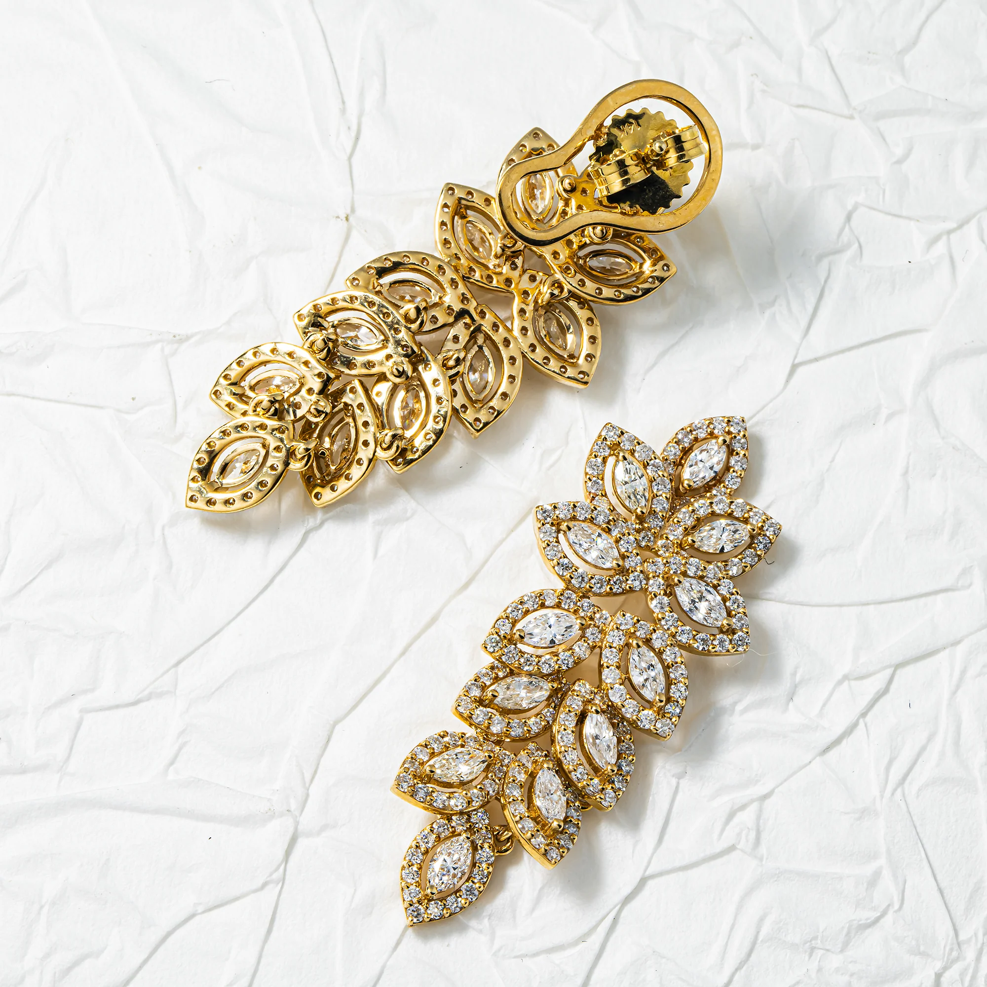 14K Yellow Gold Marquise Cut Diamond Petal Vine Drop Earrings 3.9ctw - Image 3