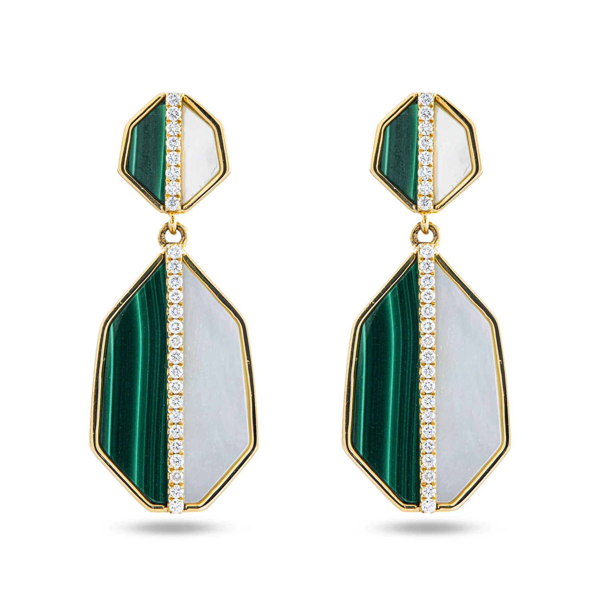 14K Yellow Gold Mother of Pearl/Malachite & Diamond Drop Earrings 0.25ctw