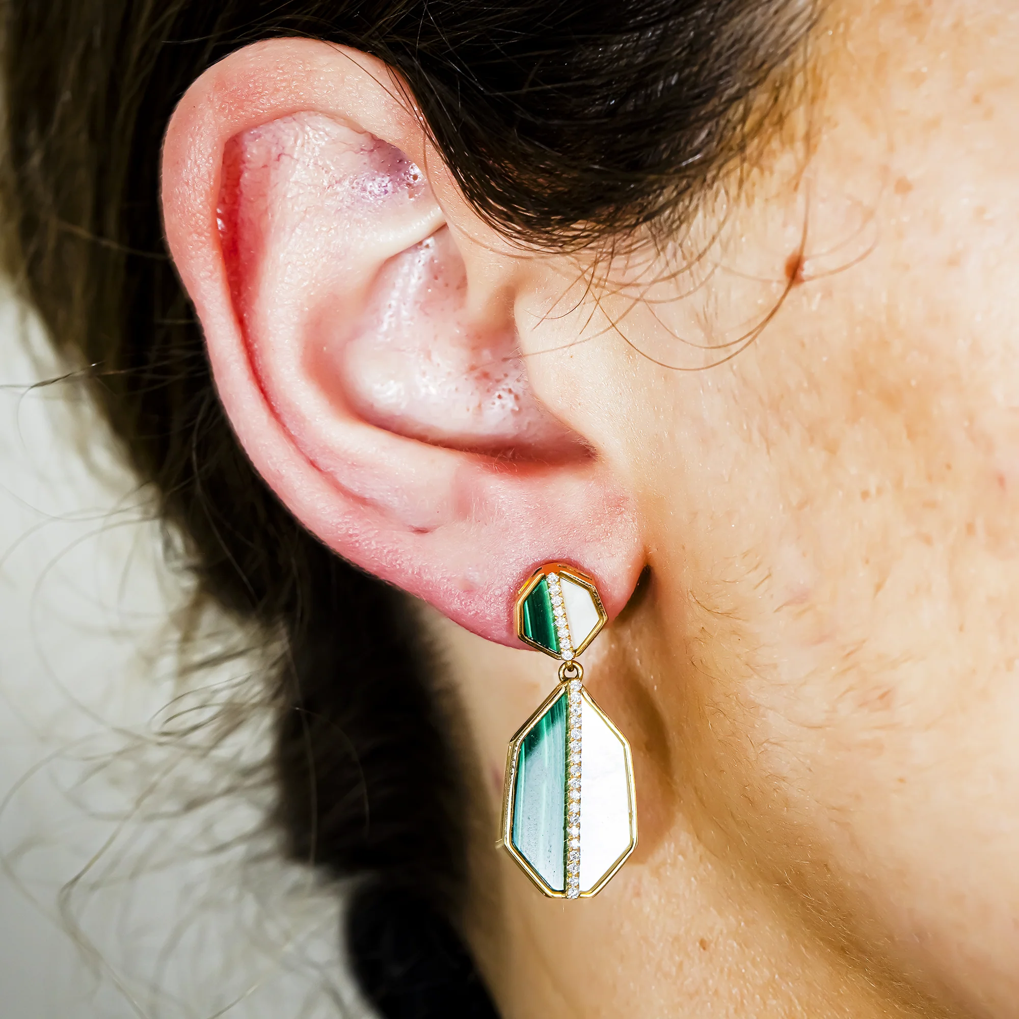 14K Yellow Gold Mother of Pearl/Malachite & Diamond Drop Earrings 0.25ctw - Image 2