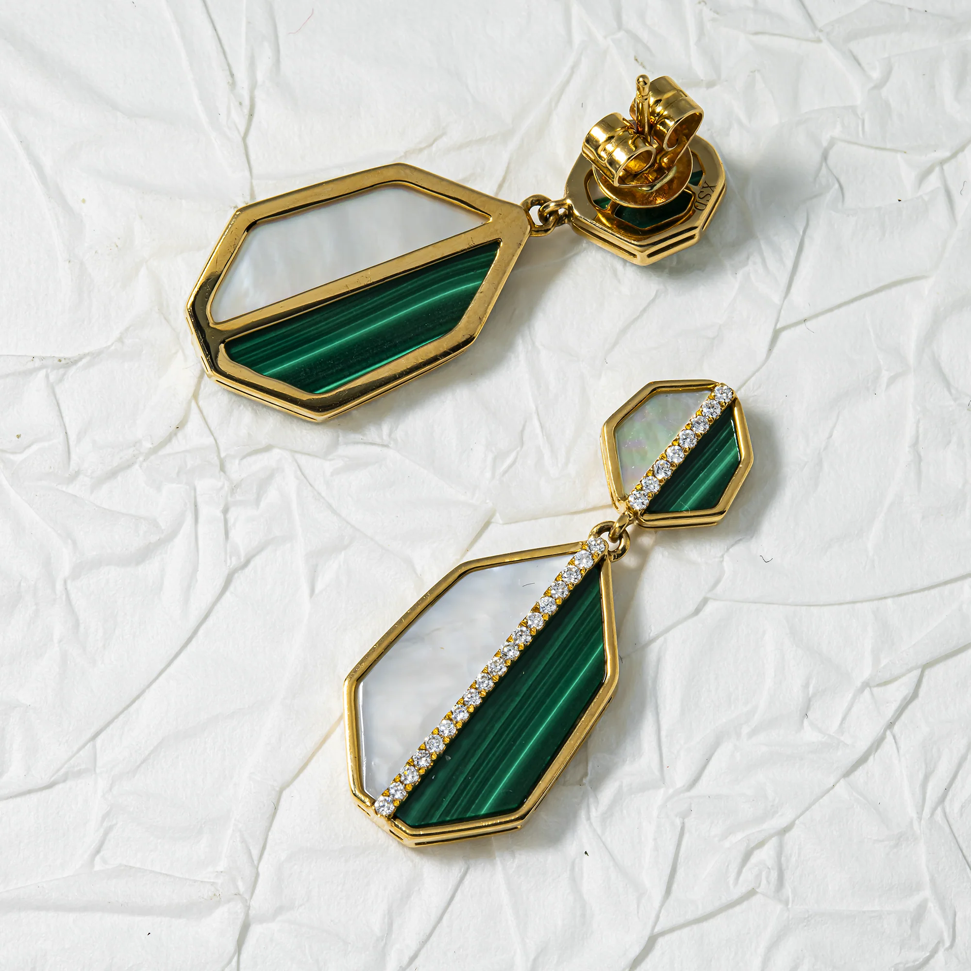 14K Yellow Gold Mother of Pearl/Malachite & Diamond Drop Earrings 0.25ctw - Image 3