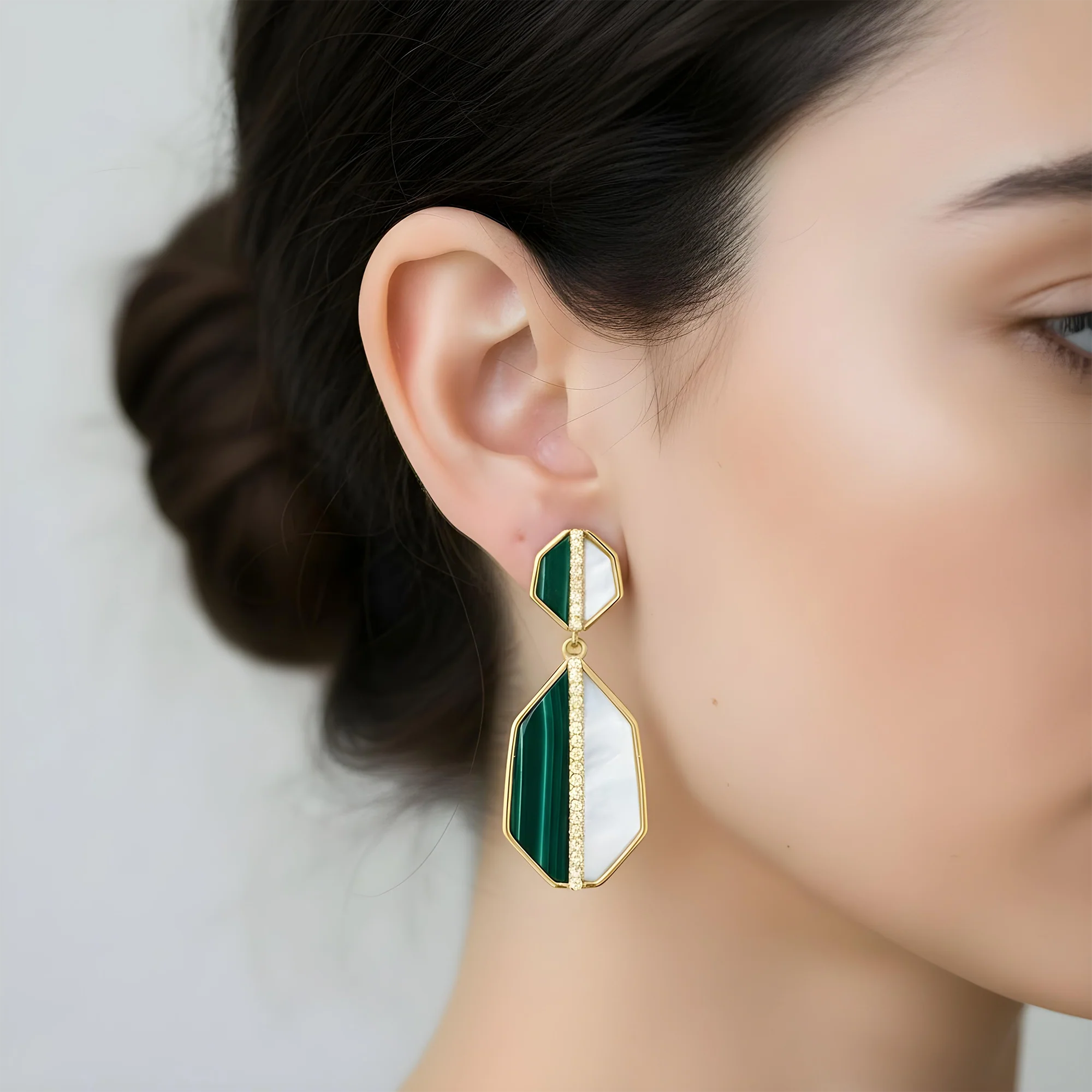 14K Yellow Gold Mother of Pearl/Malachite & Diamond Drop Earrings 0.25ctw - Image 4