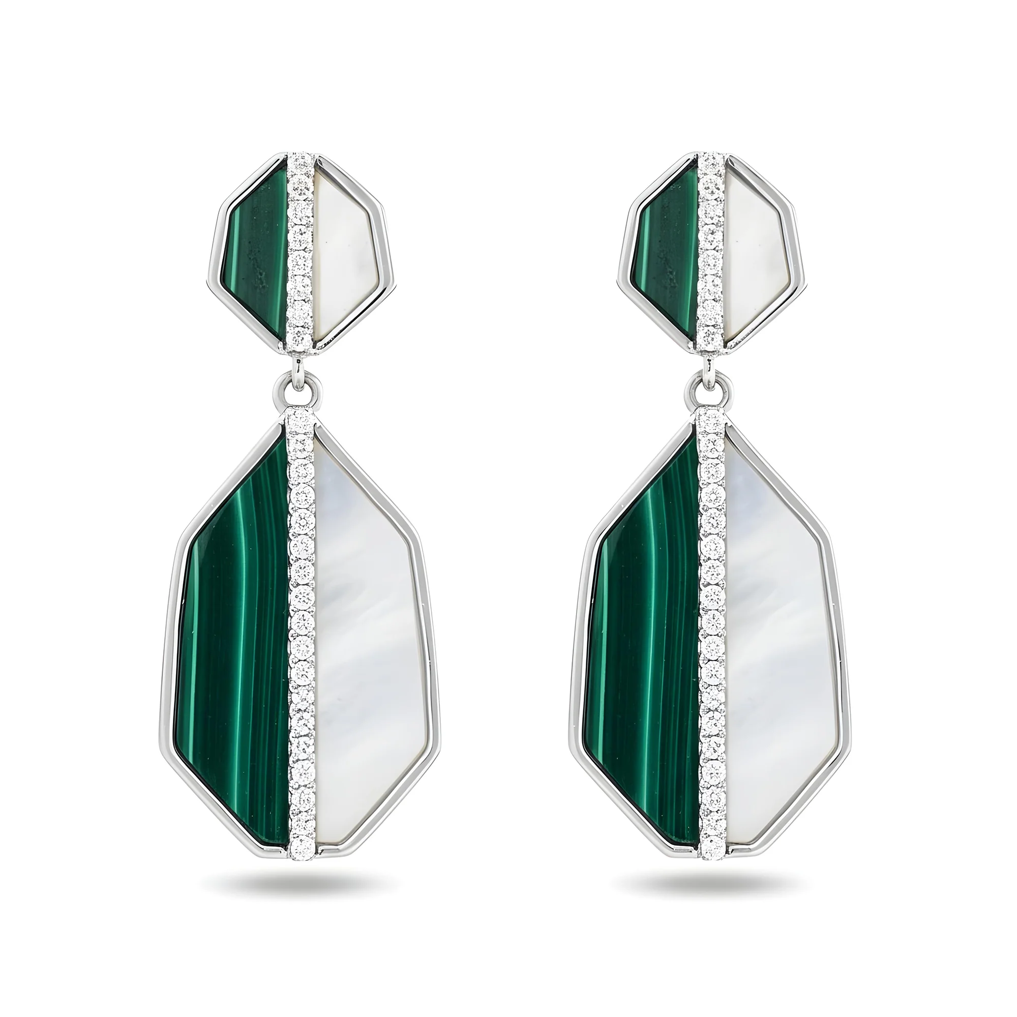 14K Yellow Gold Mother of Pearl/Malachite & Diamond Drop Earrings 0.25ctw - Image 5