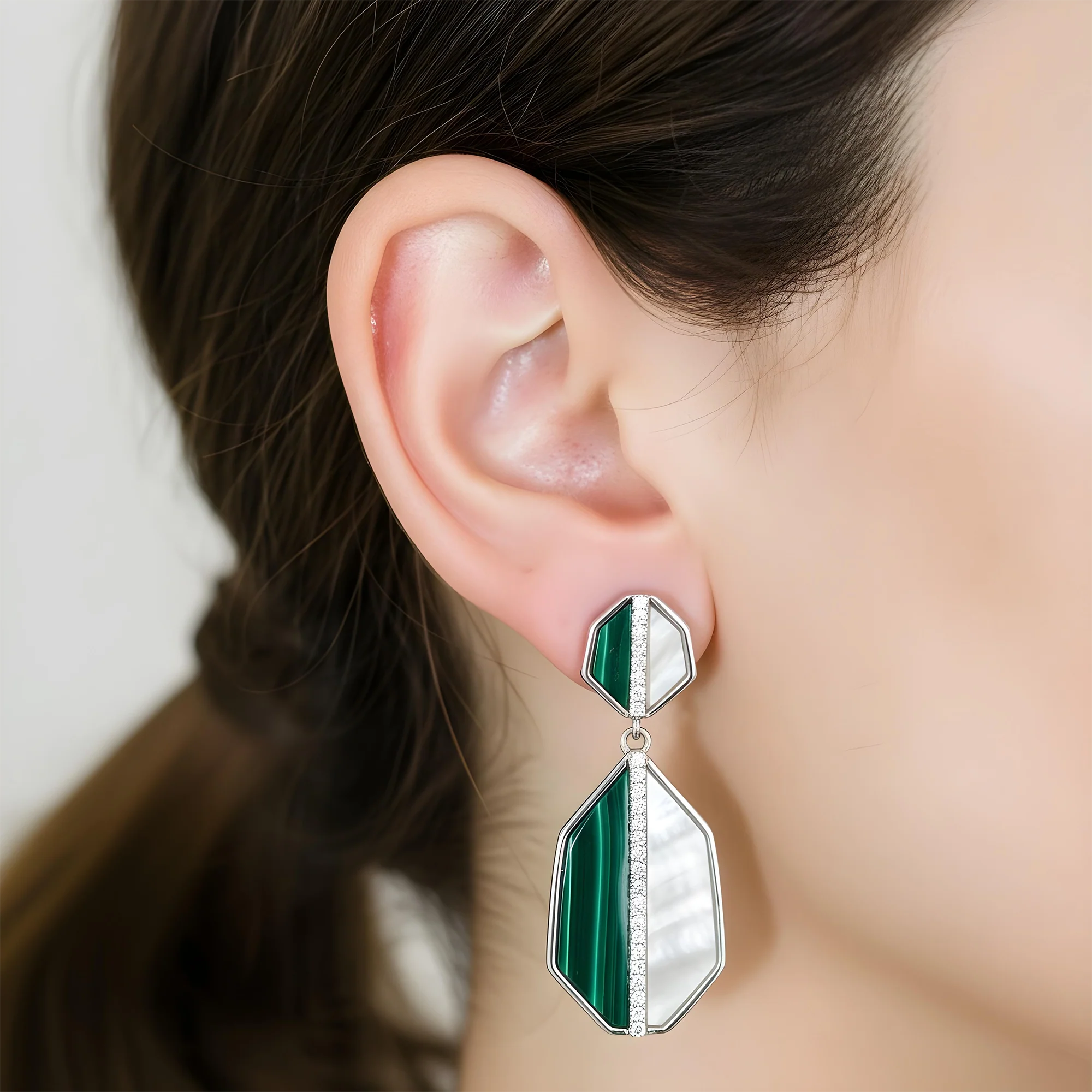 14K Yellow Gold Mother of Pearl/Malachite & Diamond Drop Earrings 0.25ctw - Image 6