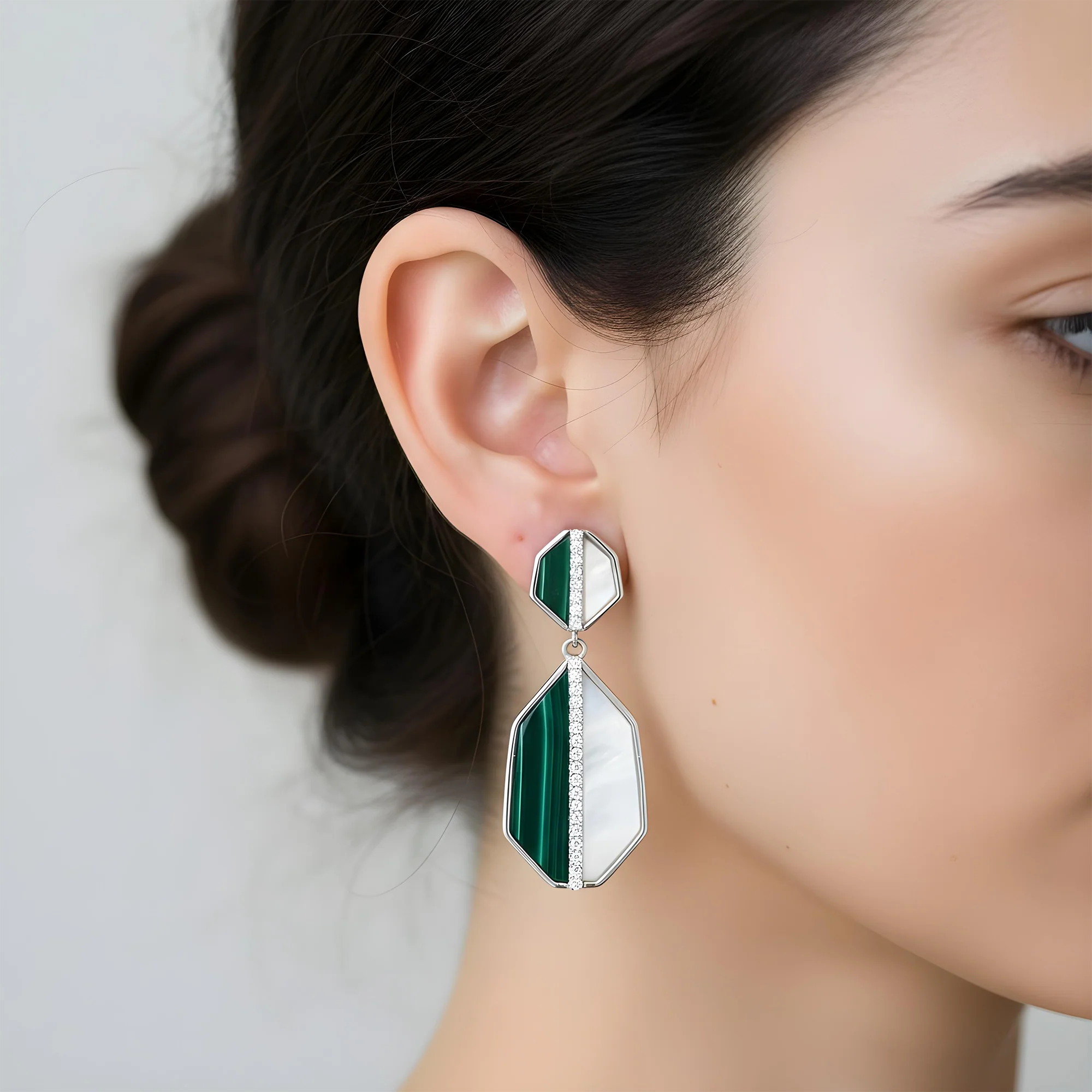 14K Yellow Gold Mother of Pearl/Malachite & Diamond Drop Earrings 0.25ctw - Image 7